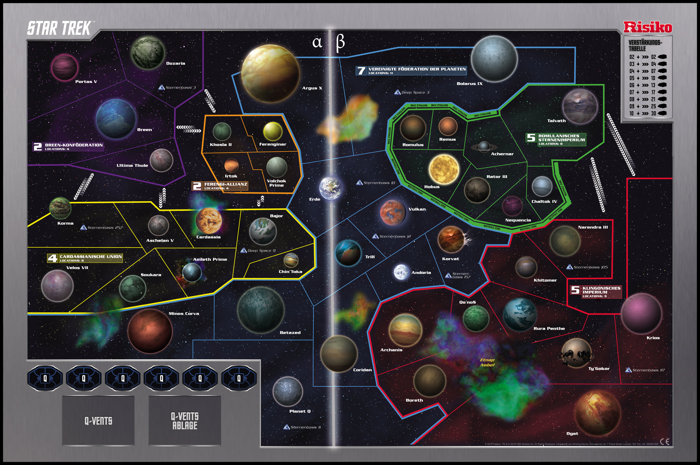 Ein Star Trek Brettspiel. Das Spielbrett zeigt eine Karte des Weltraums mit farbigen Planeten.