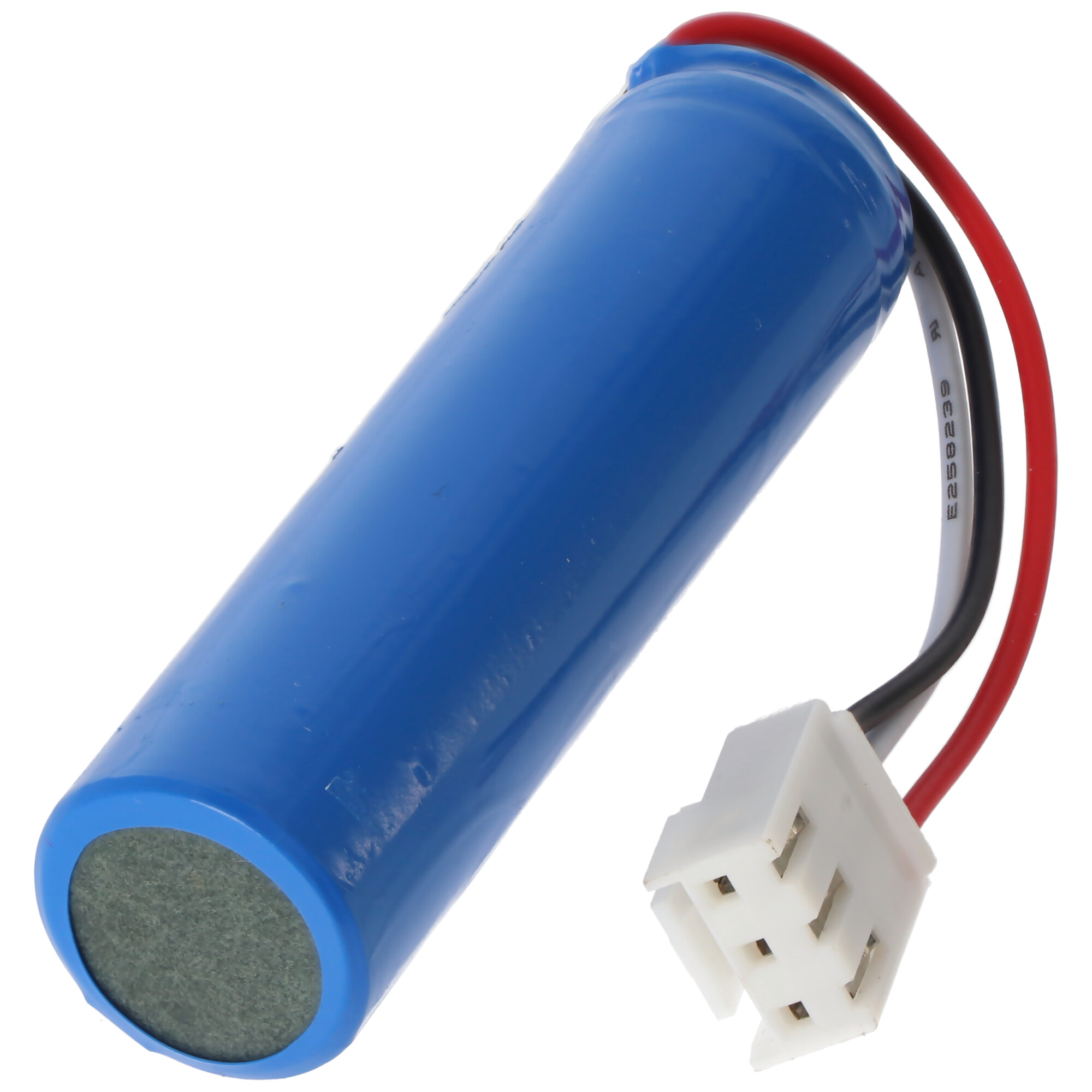 Blaue zylindrische Batterie mit roten und schwarzen Kabeln und weißem Stecker auf weißem Hintergrund.