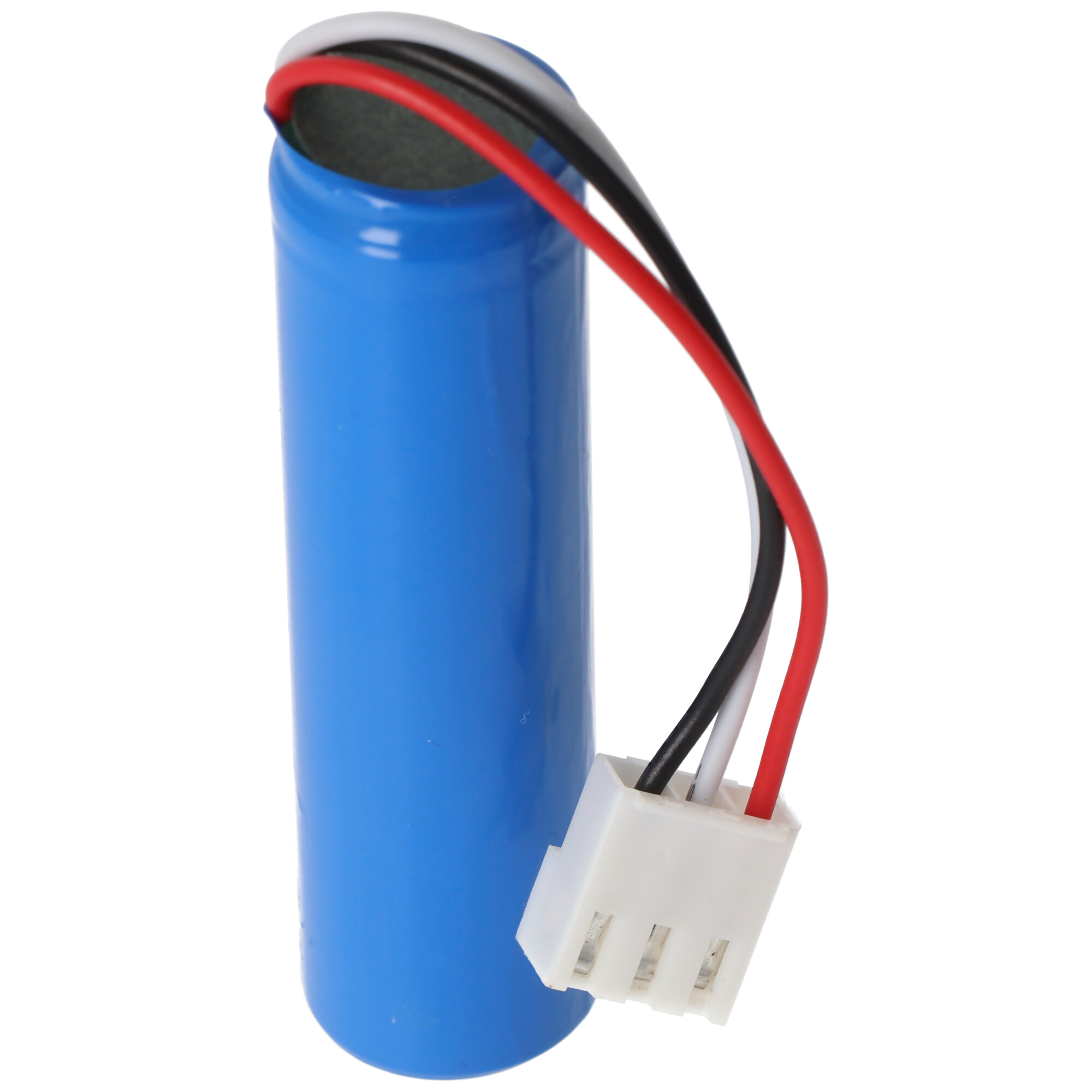 Blaue zylindrische Batterie mit roten, schwarzen und weißen Kabeln und einem Stecker.