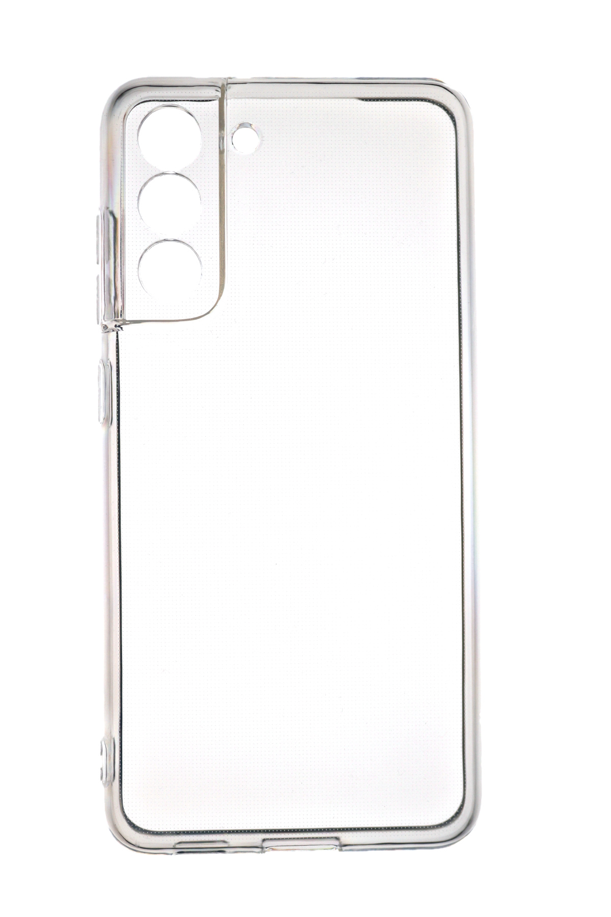 Eine transparente Handyhülle. Es ist eine transparente Hülle für ein Telefon, vor weißem Hintergrund.