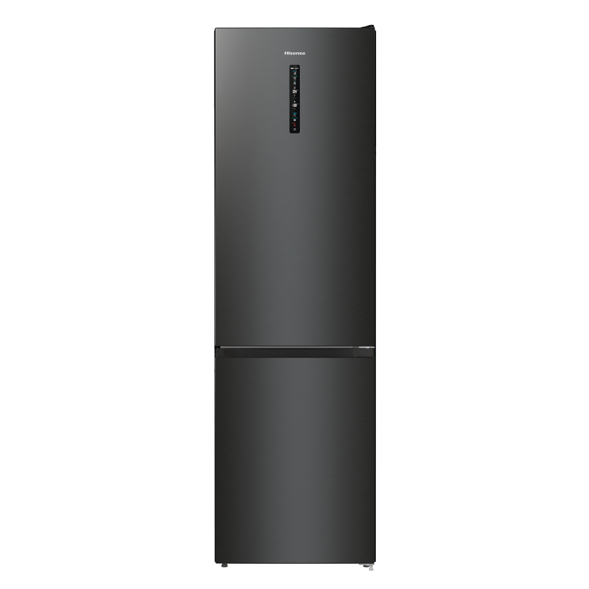 Schwarzer Hisense Kühlschrank mit Digitalanzeige an der Tür.