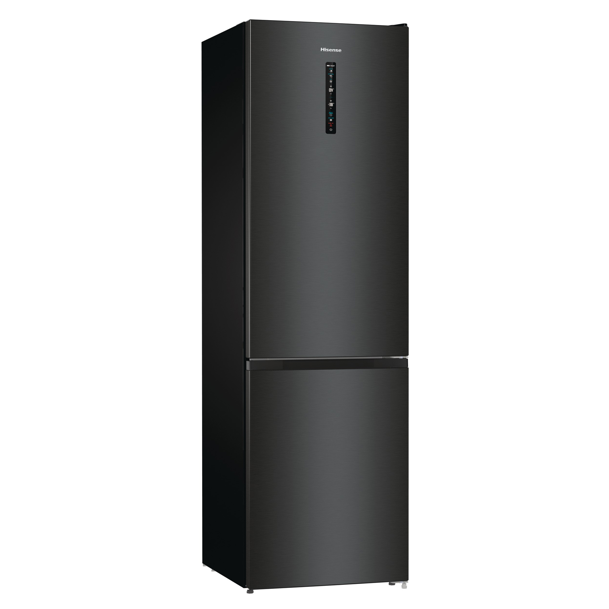 Schwarzer Hisense-Kühlschrank. Vertikales Design mit Gefrierschublade unten.