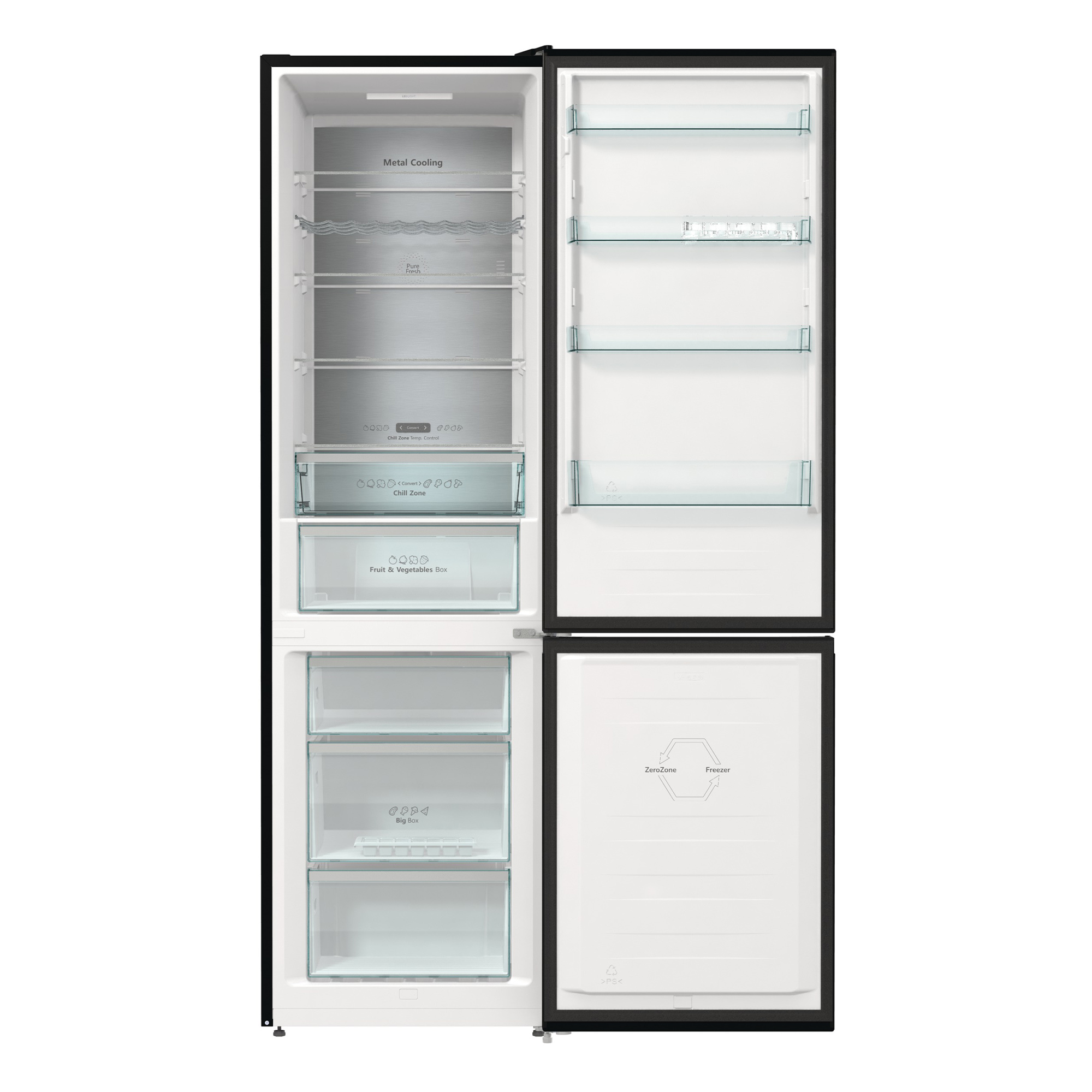 Schwarzer Kühlschrank mit offenen Türen, der Regale, Schubladen und Gefrierfach zeigt.