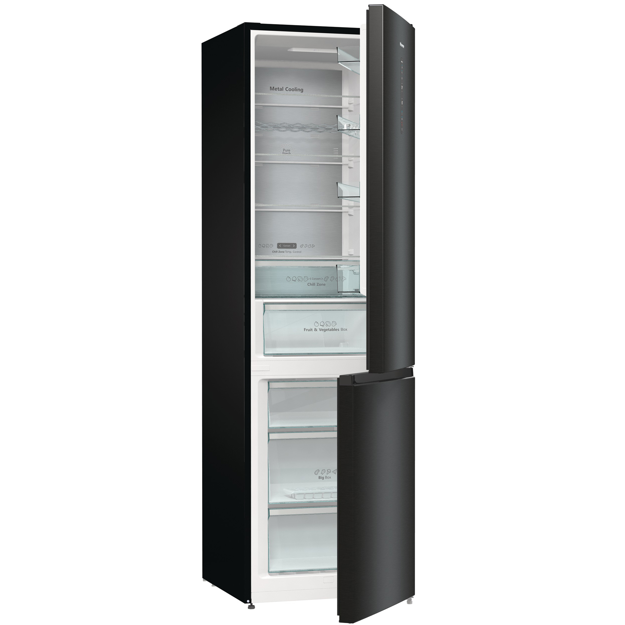 Schwarzer Kühlschrank mit offener Tür. Regale, Schubladen und Innenraum. Metal Cooling.