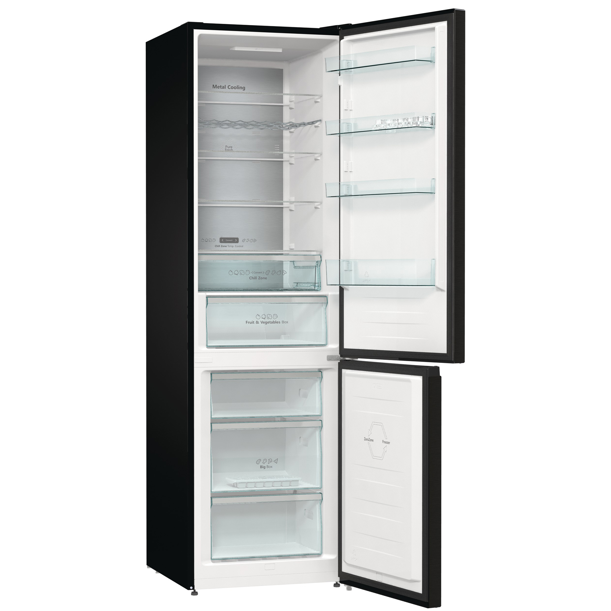 Schwarzer Kühlschrank mit geöffneten Türen, die Regale, Schubladen und Lebensmittellagerung zeigen.