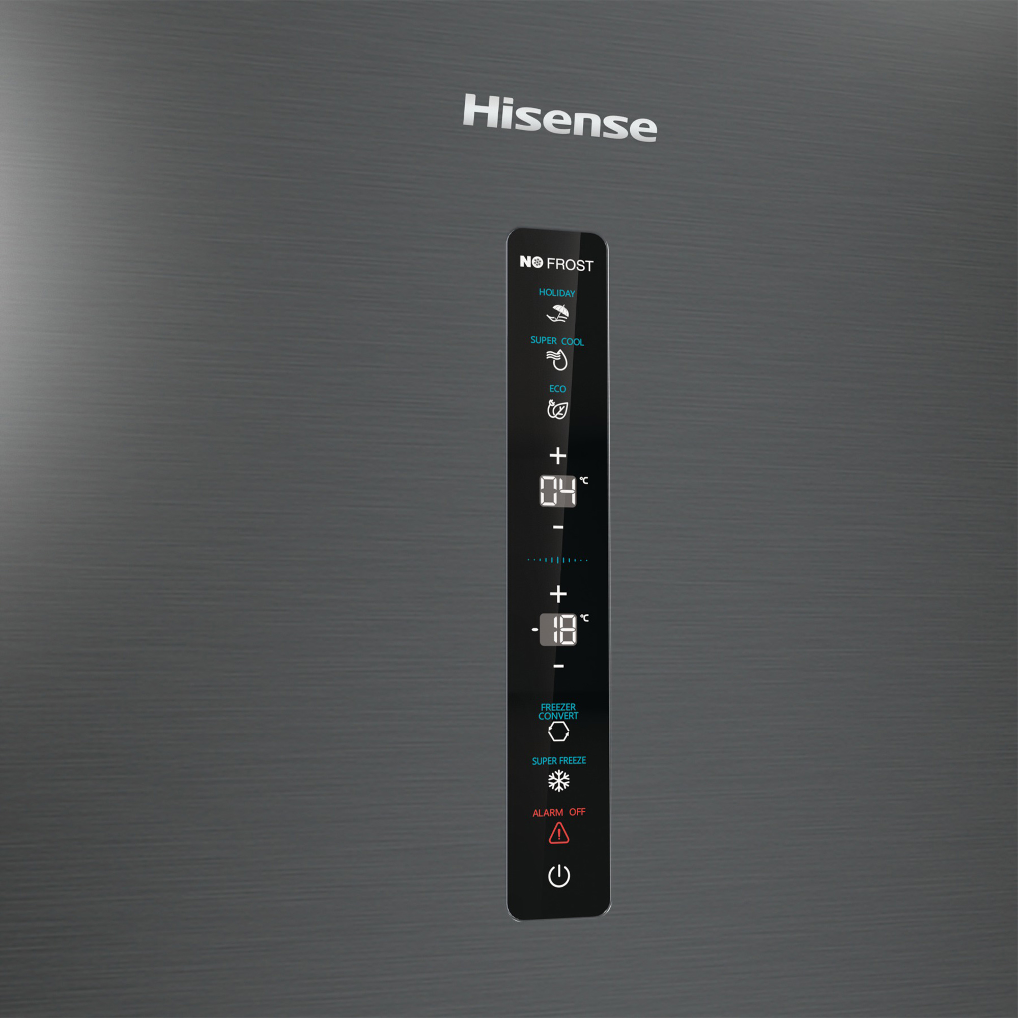 Nahaufnahme eines Hisense Kühlschrank-Bedienfelds mit verschiedenen Funktionstasten und Anzeige.
