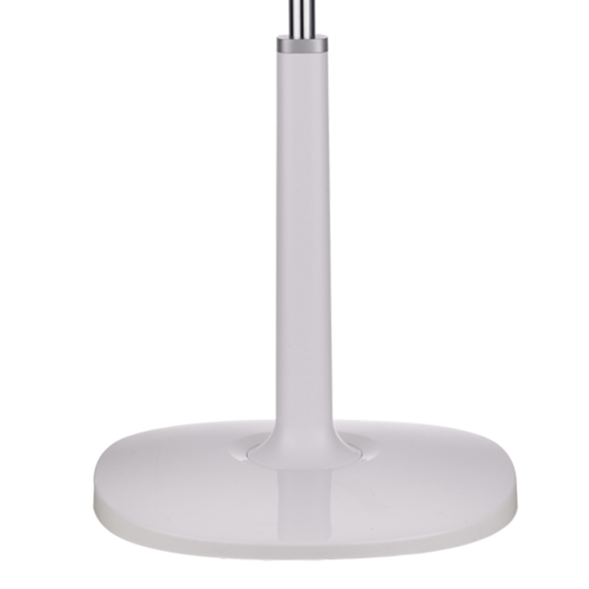 Weißer Standfuß für einen Ventilator. Der Fuß ist oval mit einer zentralen Stange.