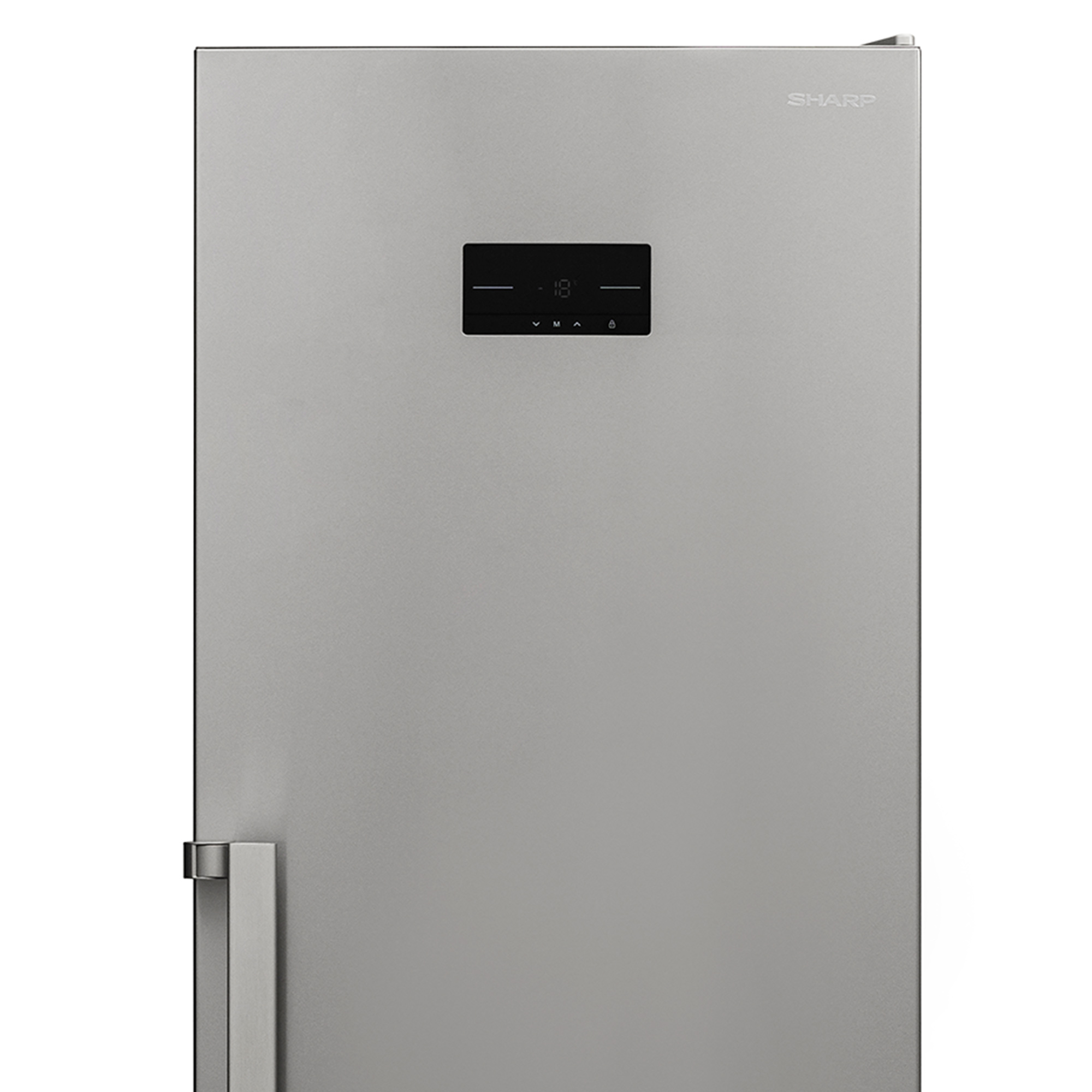 Frigorifero Sharp argento, con display digitale che mostra la temperatura.