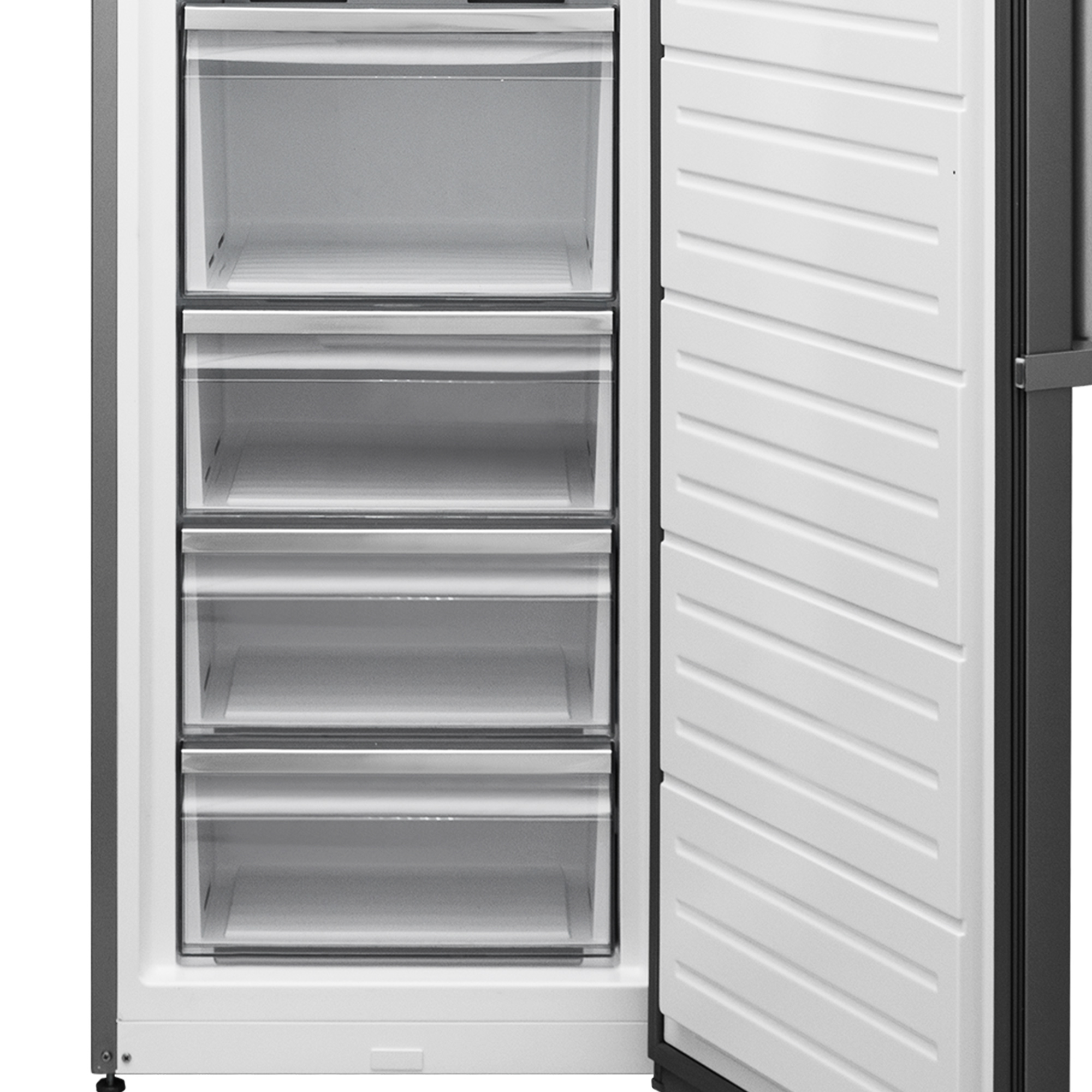 Freezer aperto con cassetti trasparenti. Cornice grigia e porta bianca.