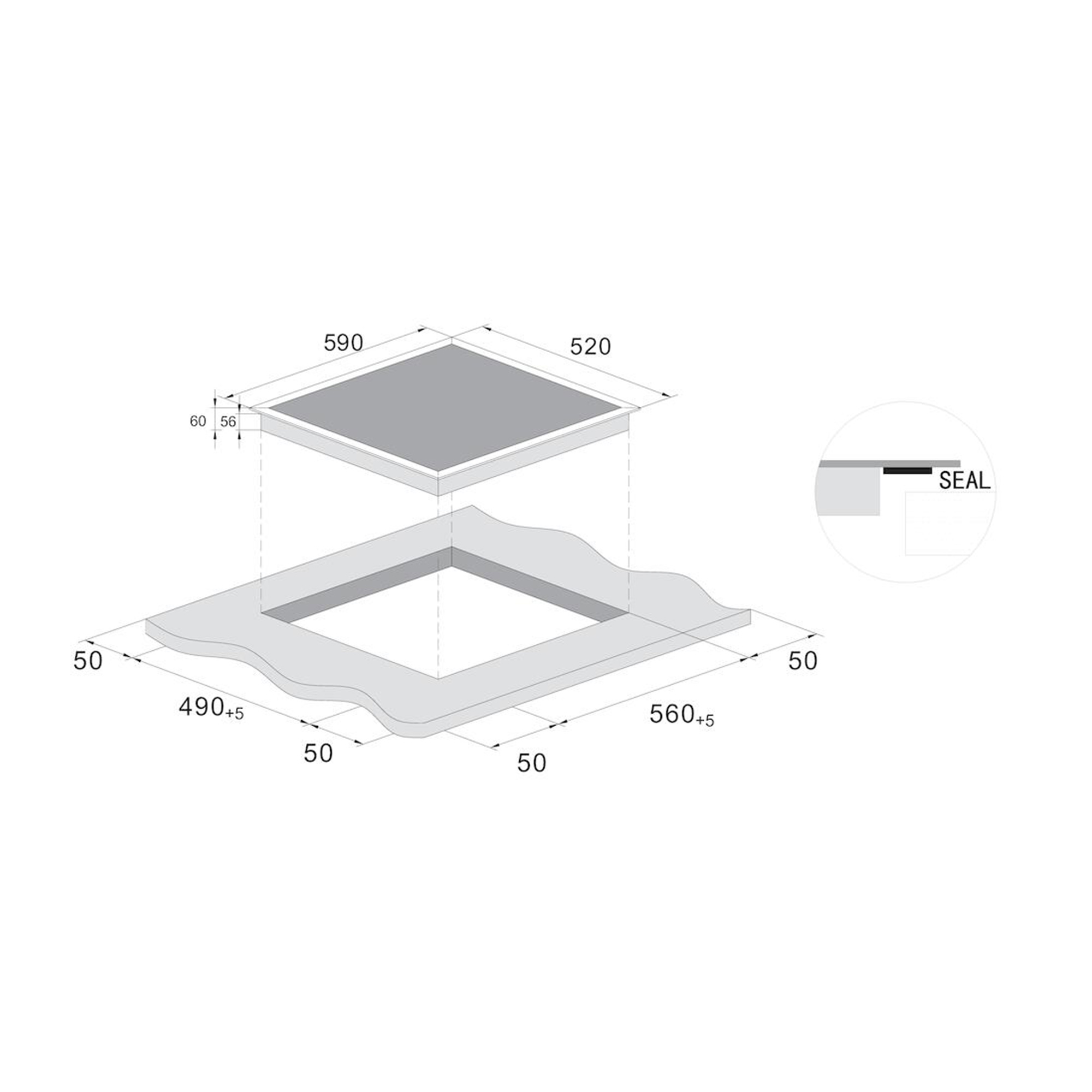 Ein Diagramm zeigt einen quadratischen Ausschnitt und ein Kochfeld mit Abmessungen. Inklusive Details.