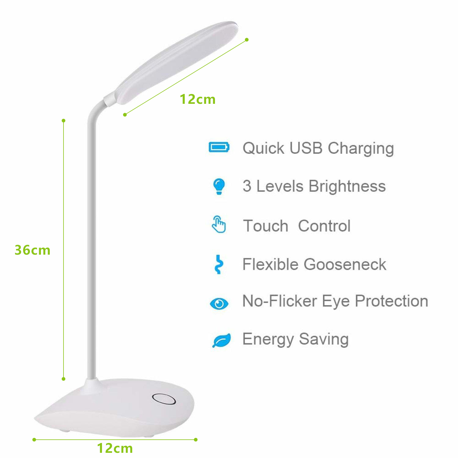 Lámpara de escritorio blanca con cuello flexible. Etiquetas indican dimensiones y funciones, como carga USB.