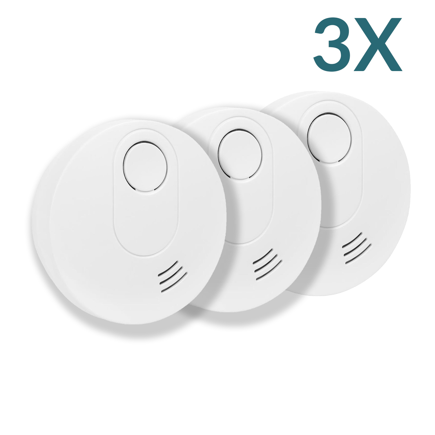 Drei weiße Rauchmelder mit einem 3X-Label in Türkis.