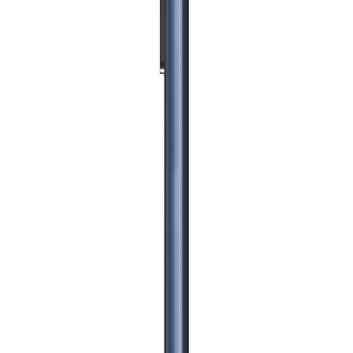 Nahaufnahme der Seite eines blauen Smartphones auf weißem Hintergrund.