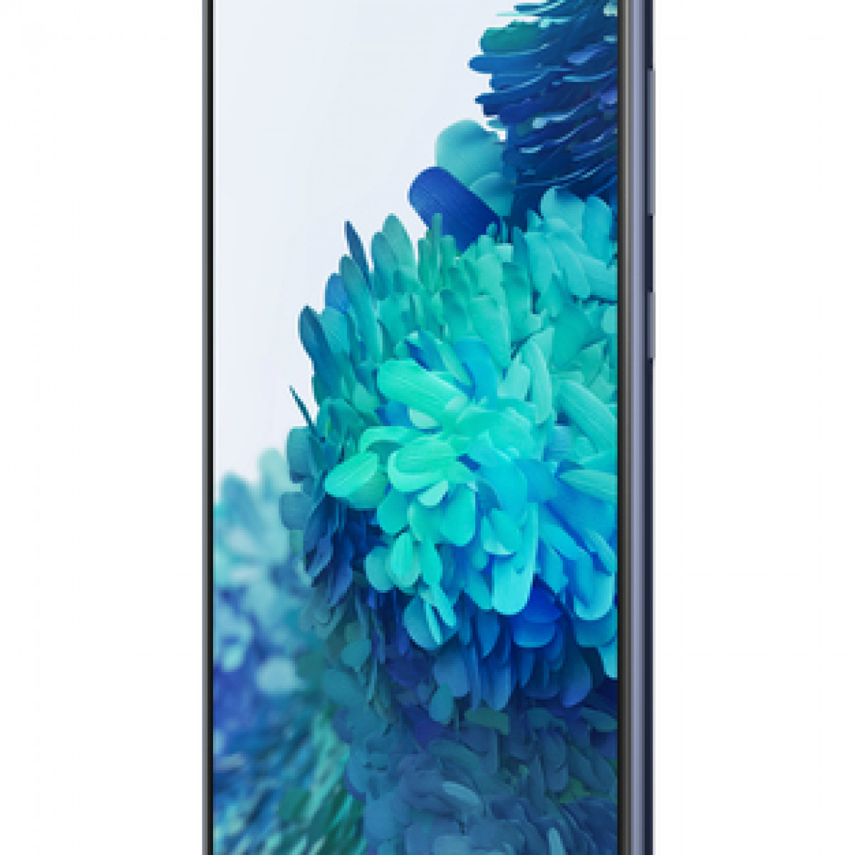 Vorderansicht eines Telefons, blau mit Blumenmuster und weißem Hintergrund.