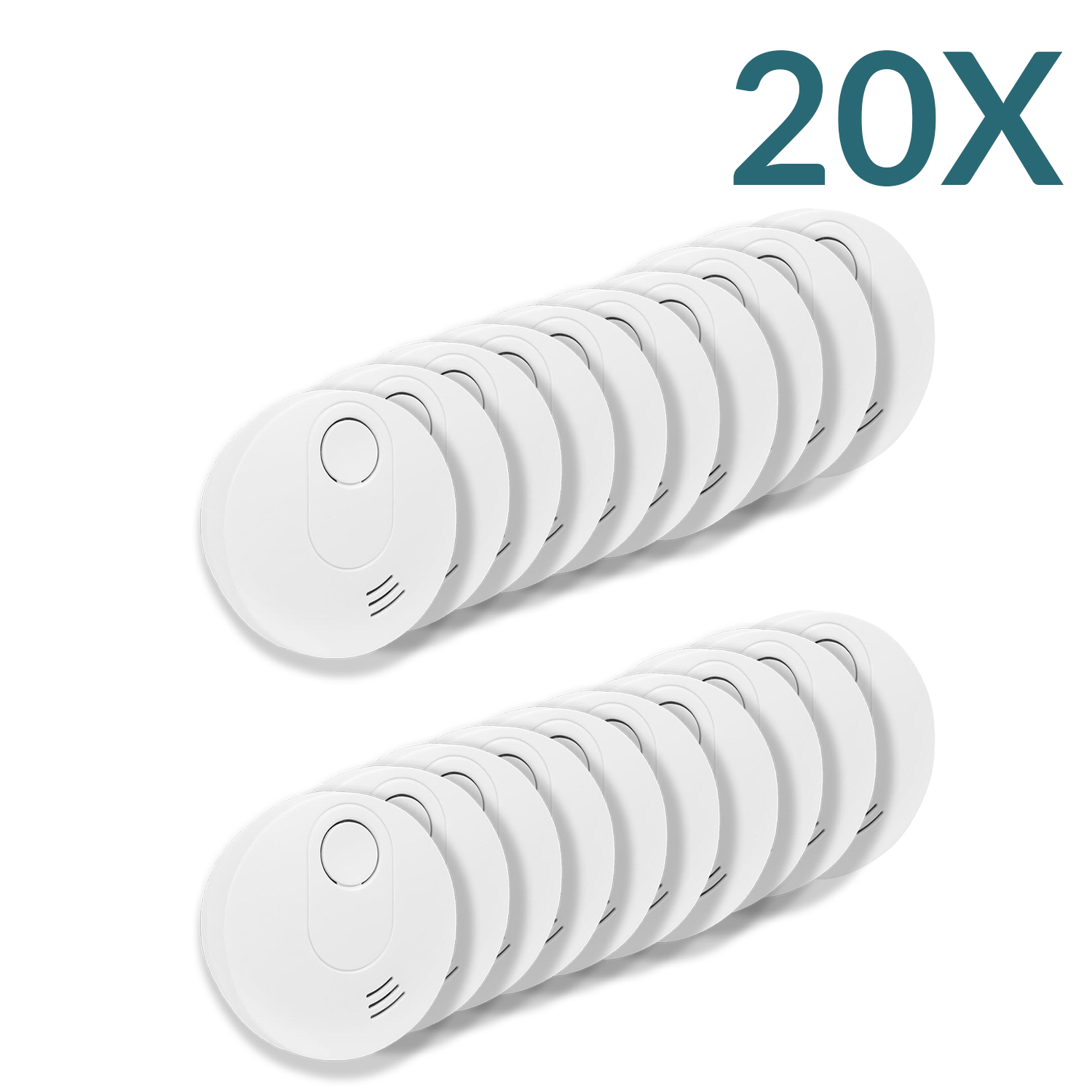 Eine Sammlung weißer Rauchmelder mit einer Menge von 20x auf weißem Hintergrund.