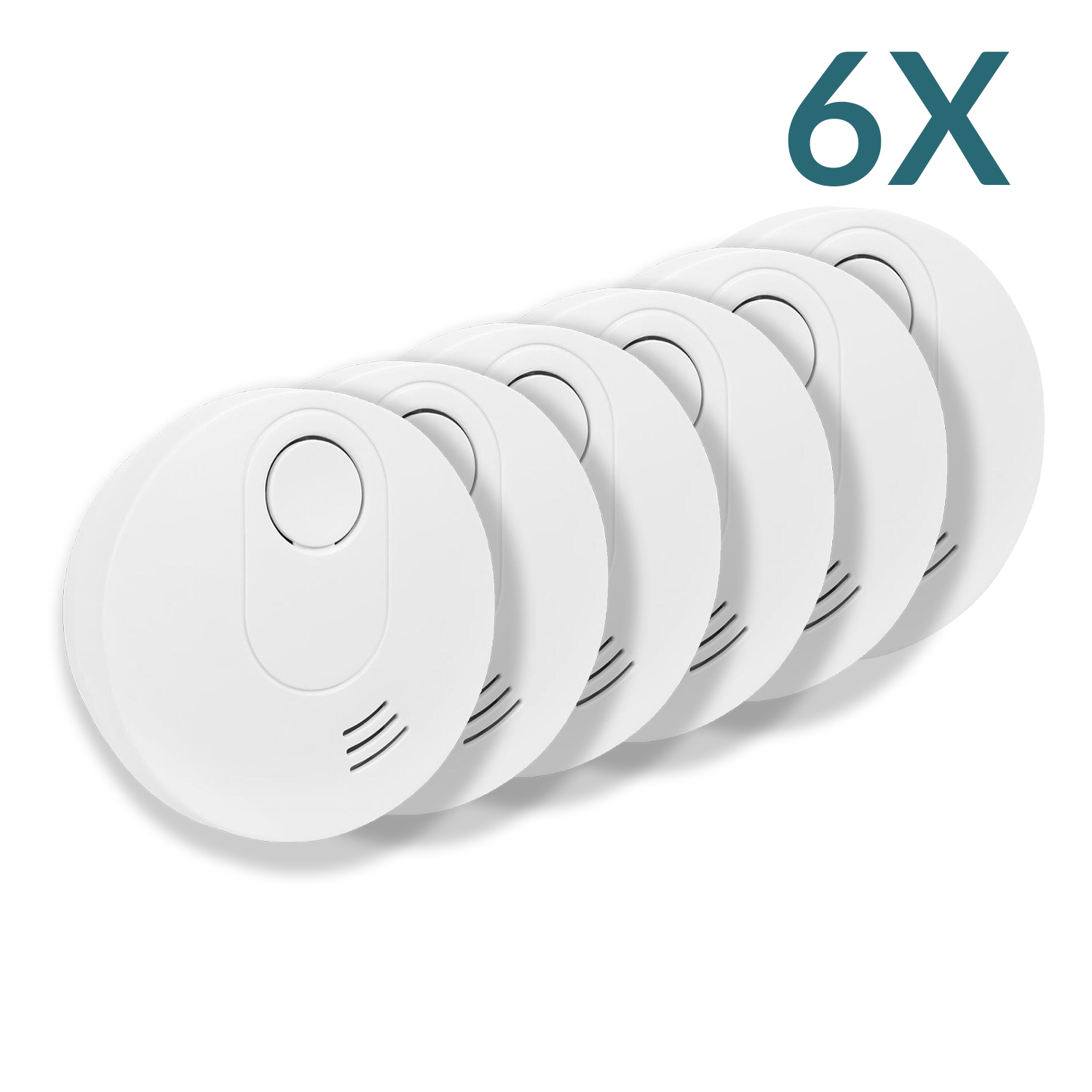 Sechs weiße Rauchmelder in einer Reihe. Das Wort 6X ist über den Detektoren aufgedruckt.