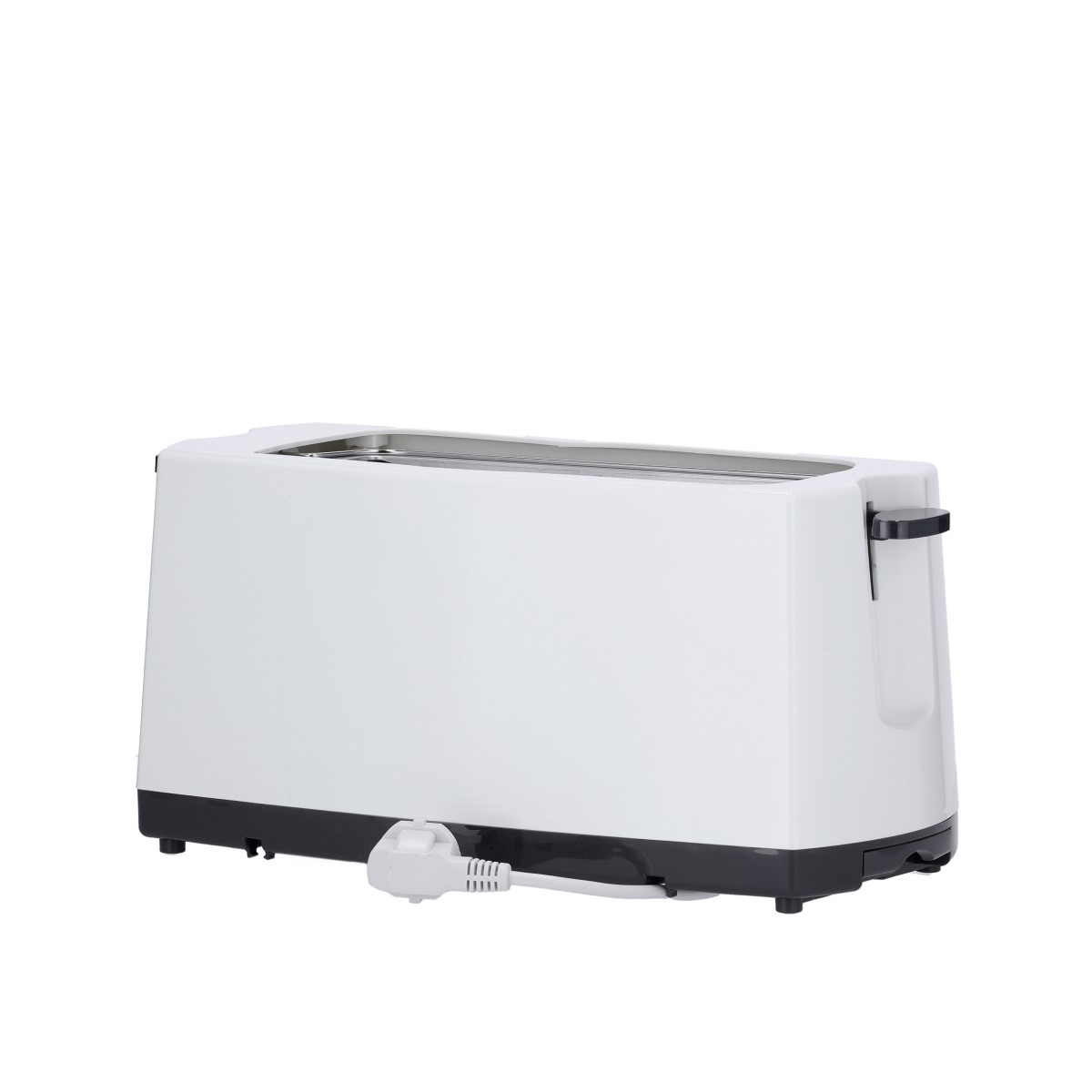 Biały toster z czarnymi akcentami i wtyczką na białym tle.
