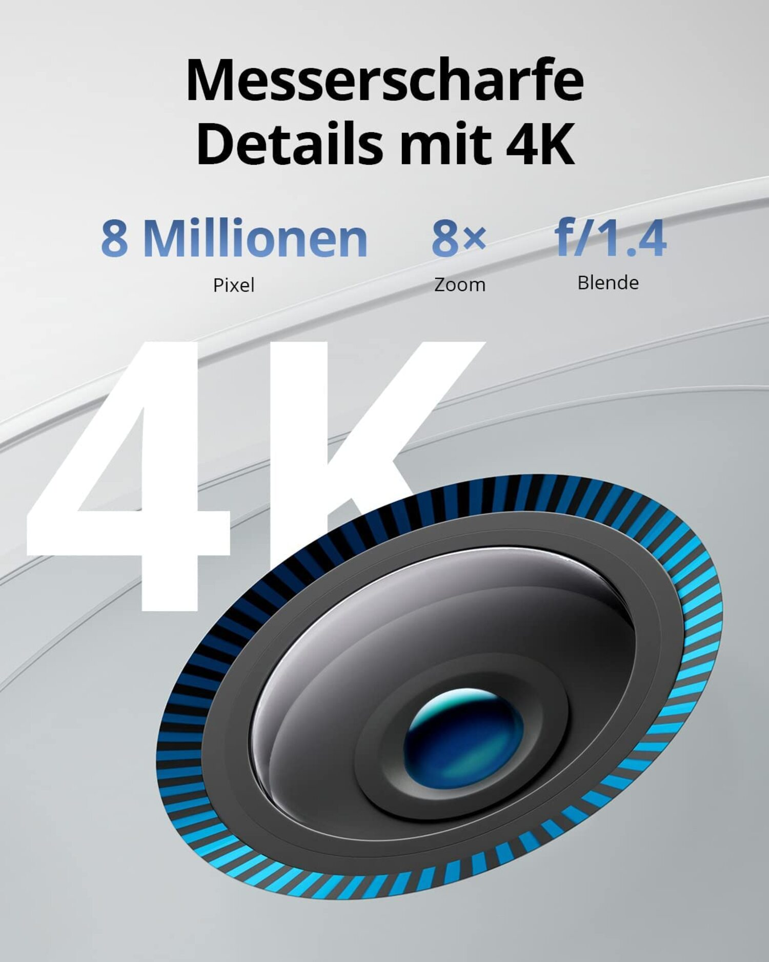 Kameraobjektiv-Nahaufnahme mit Text: 8M Pixel, 8x Zoom, f/1.4 Blende und 4K in Weiß.