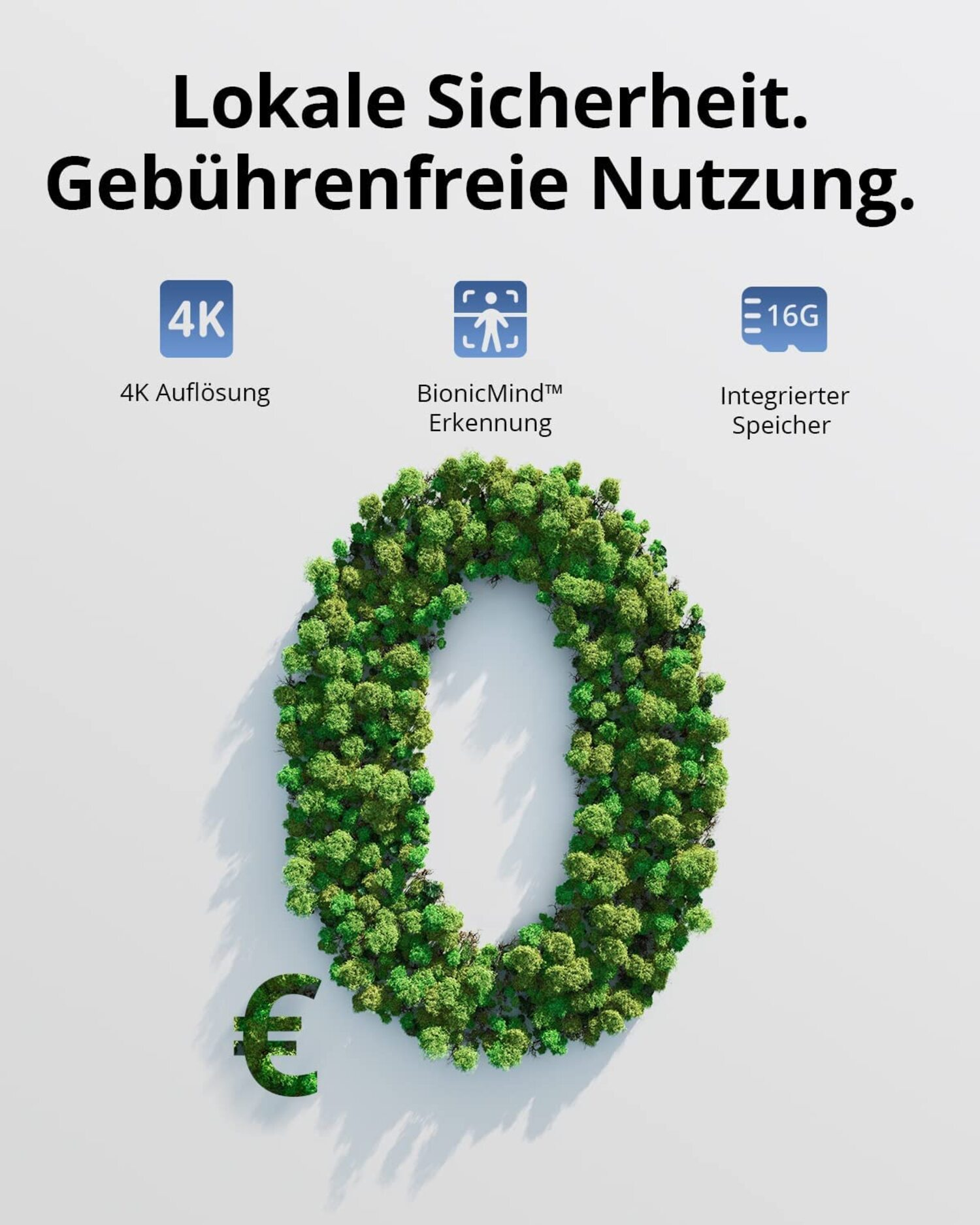 Grüne Null aus Blättern, Euro-Zeichen und Text darüber.