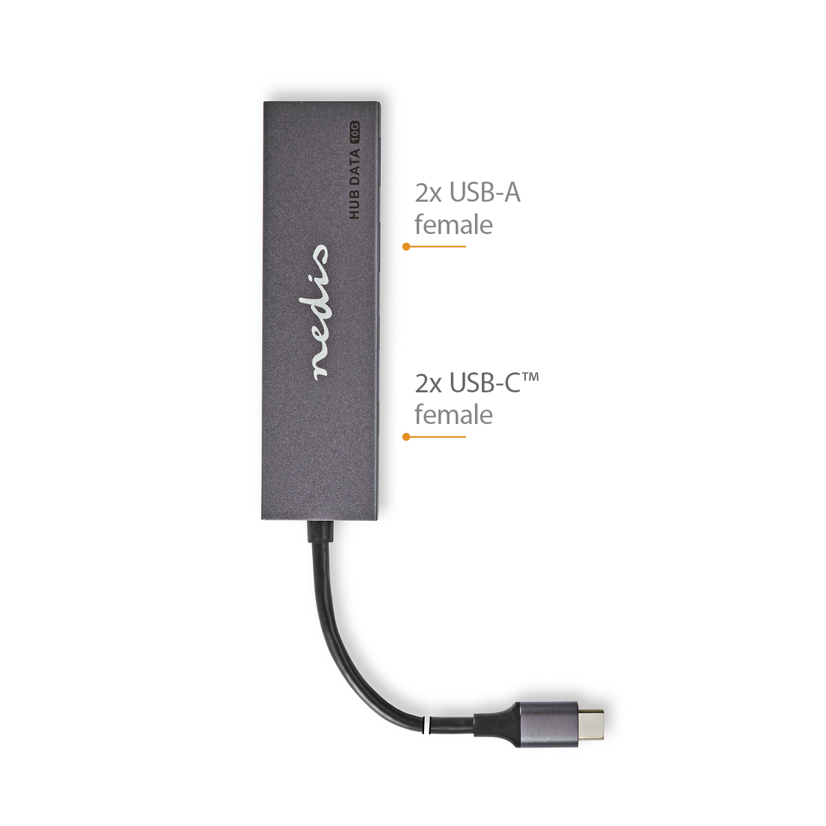 Grijze USB-hub met meerdere poorten. Tekstlabels van poorten. Witte achtergrond.