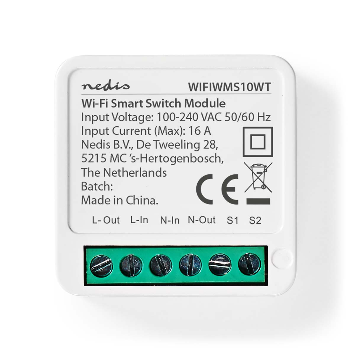 Witte Wi-Fi slimme schakelmodule. Met specificaties, aansluitingen en een CE-markering op een witte achtergrond.