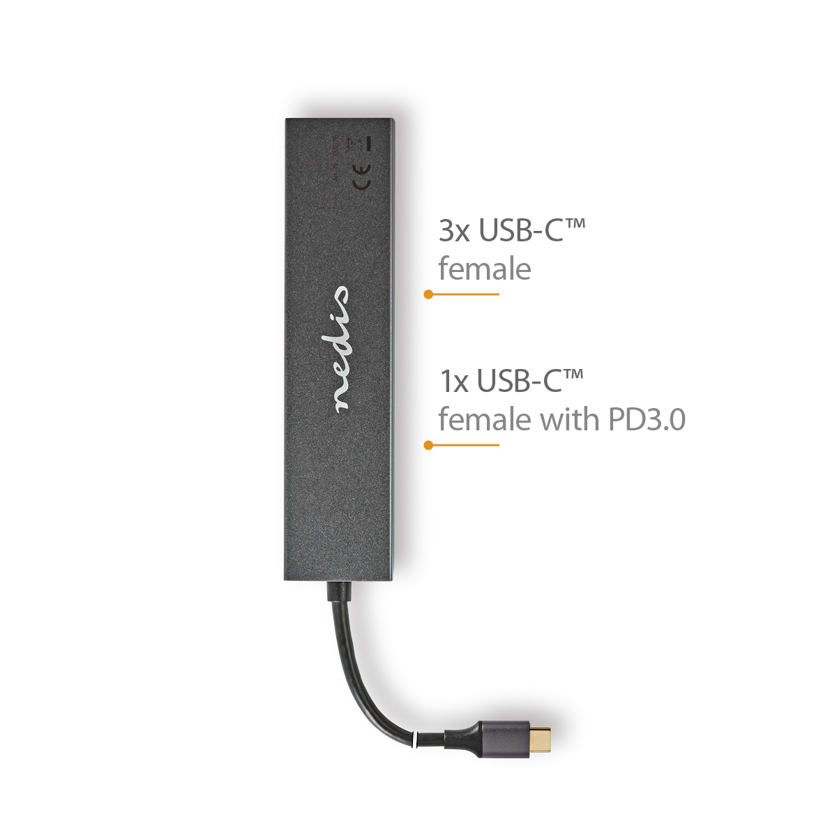 Un hub USB-C nero con 3 porte USB-C e 1 porta USB-C con PD3.0, sfondo bianco.
