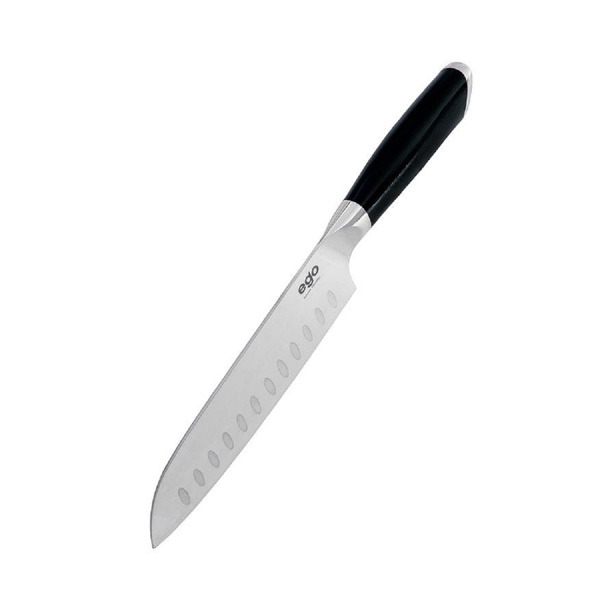 Ego Küchenmesser mit schwarzem Griff, auf weißem Hintergrund.