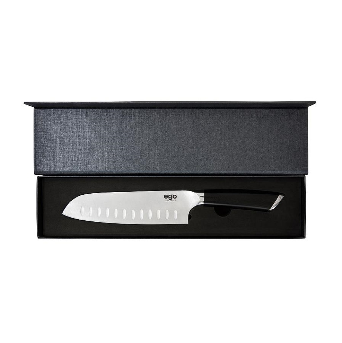 Ein silbernes Messer mit schwarzem Griff in einer schwarzen Box.