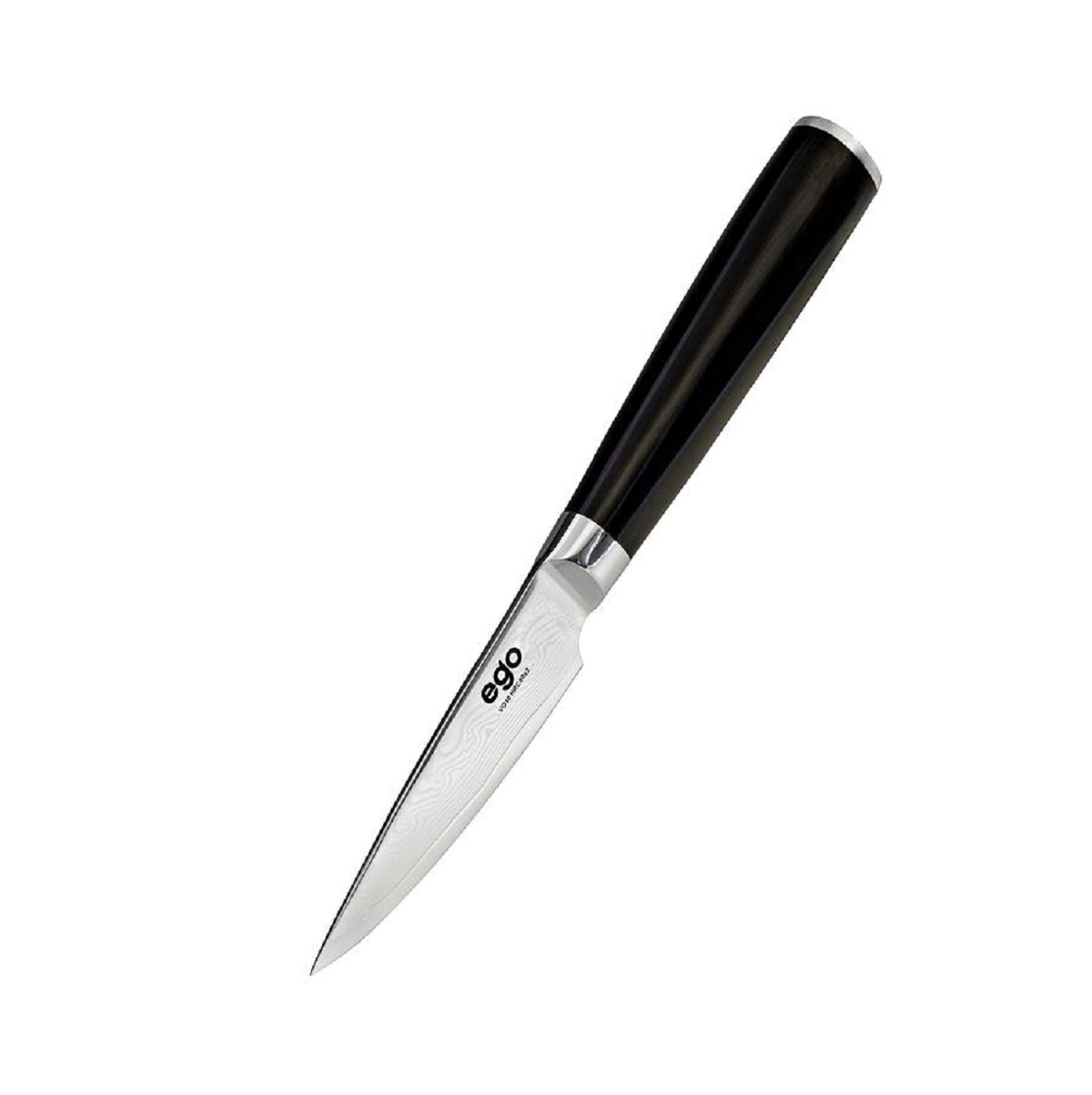 Ein kleines Küchenmesser mit schwarzem Griff und silberner Klinge auf weißem Hintergrund.