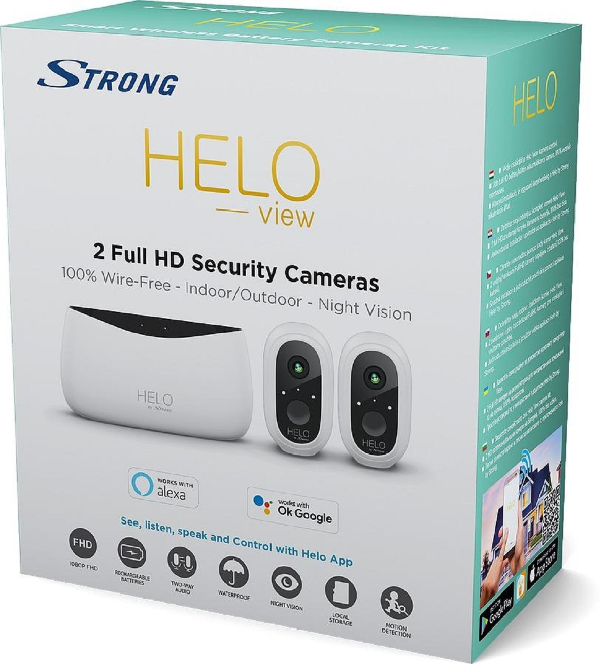 Pudełko z dwiema kamerami bezpieczeństwa, z napisem 'HELO view', z logo Strong.