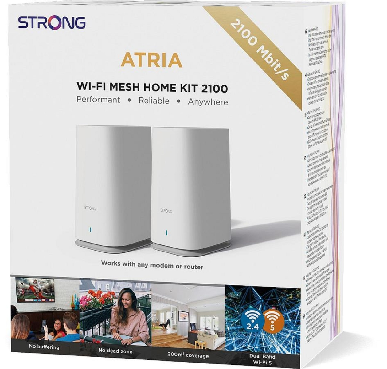 Box für ein Strong Wi-Fi Mesh Home Kit 2100, mit zwei weißen Geräten und verschiedenen Funktionen.