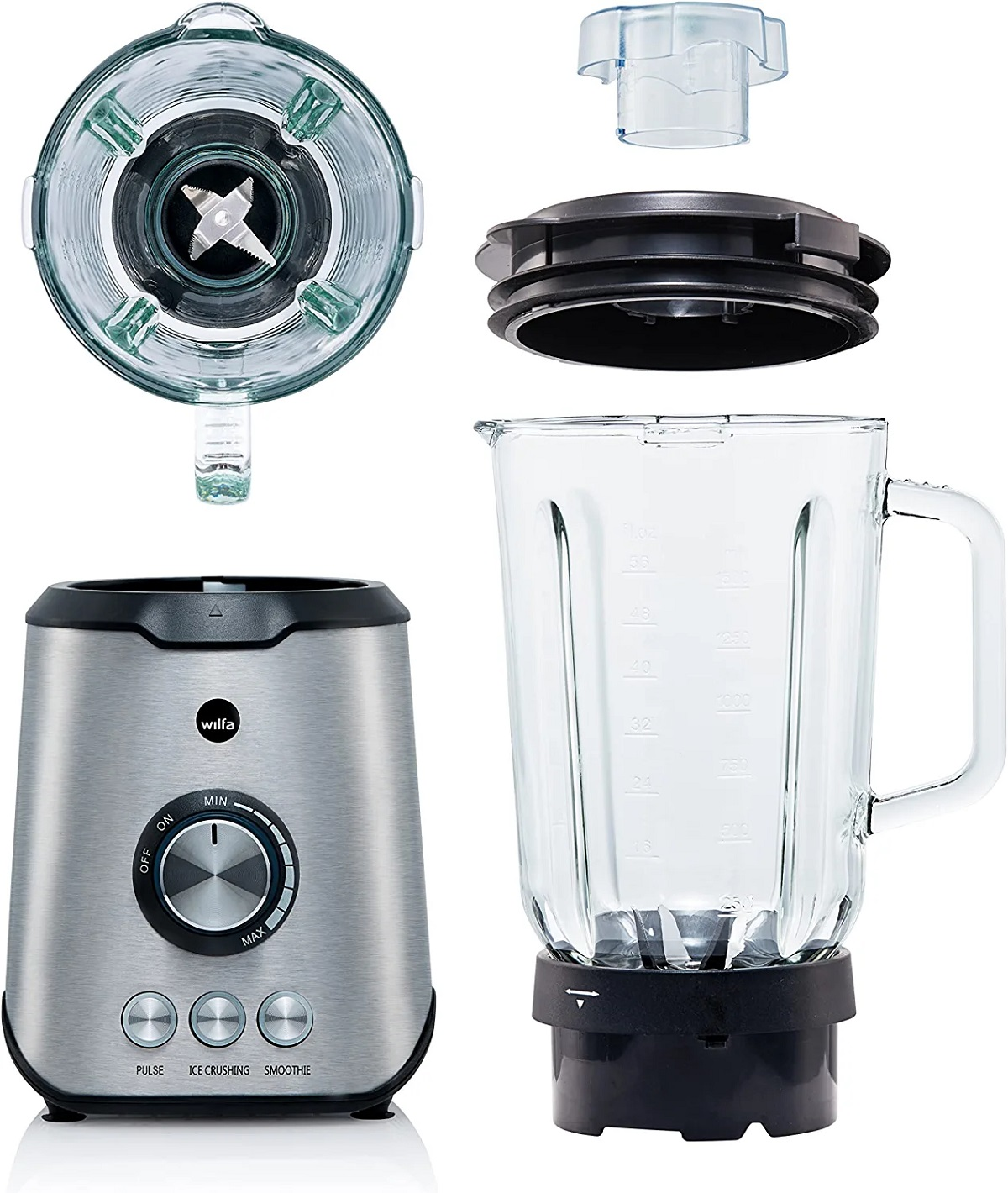 Mixer-Komponenten. Basis, Glaskrug, Klingen und Deckel. Silberne Basis mit Bedienelementen. Krug hat Messungen.