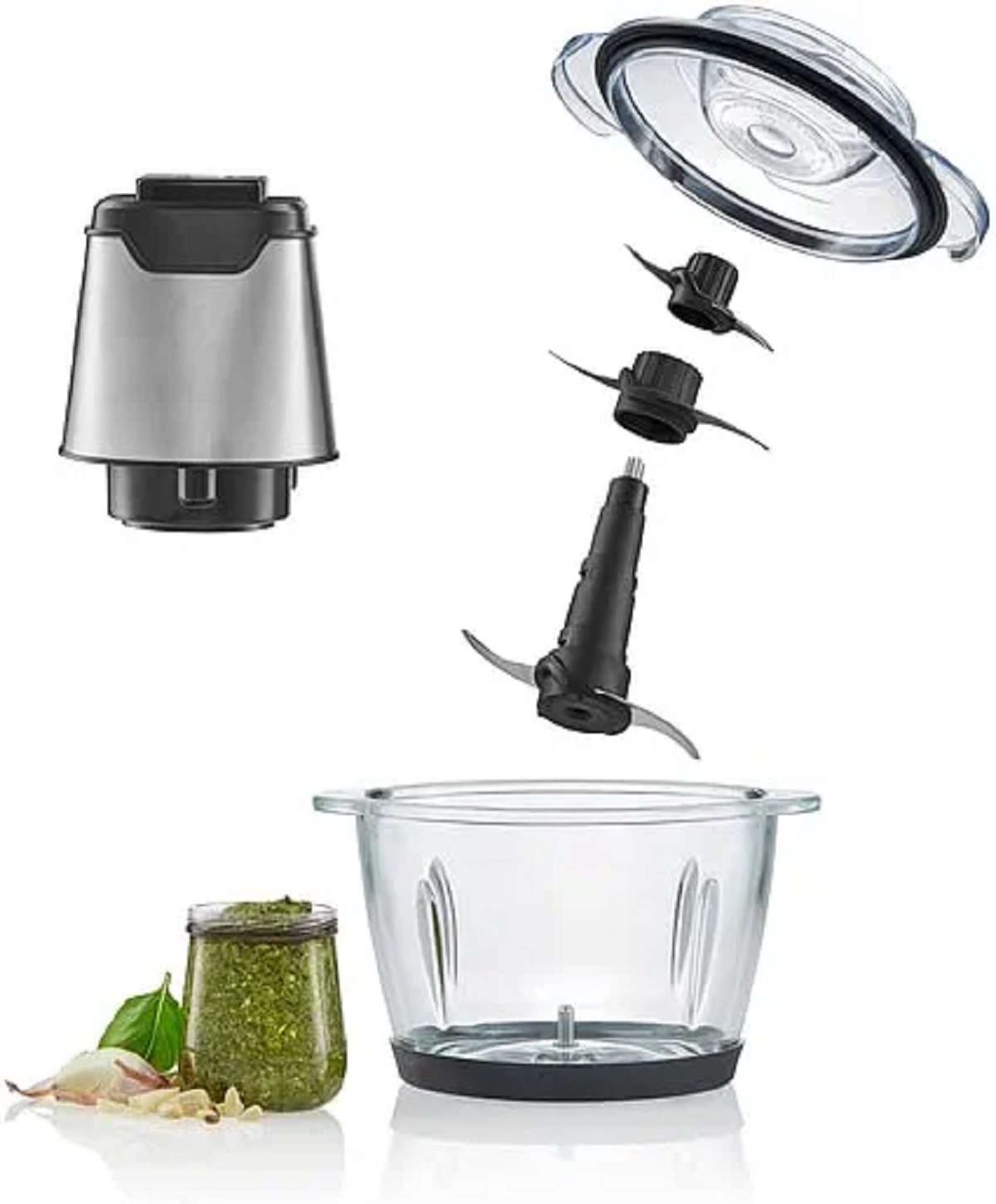 Küchenmaschinen-Teile. Glas Pesto, Klingen und Behälter.