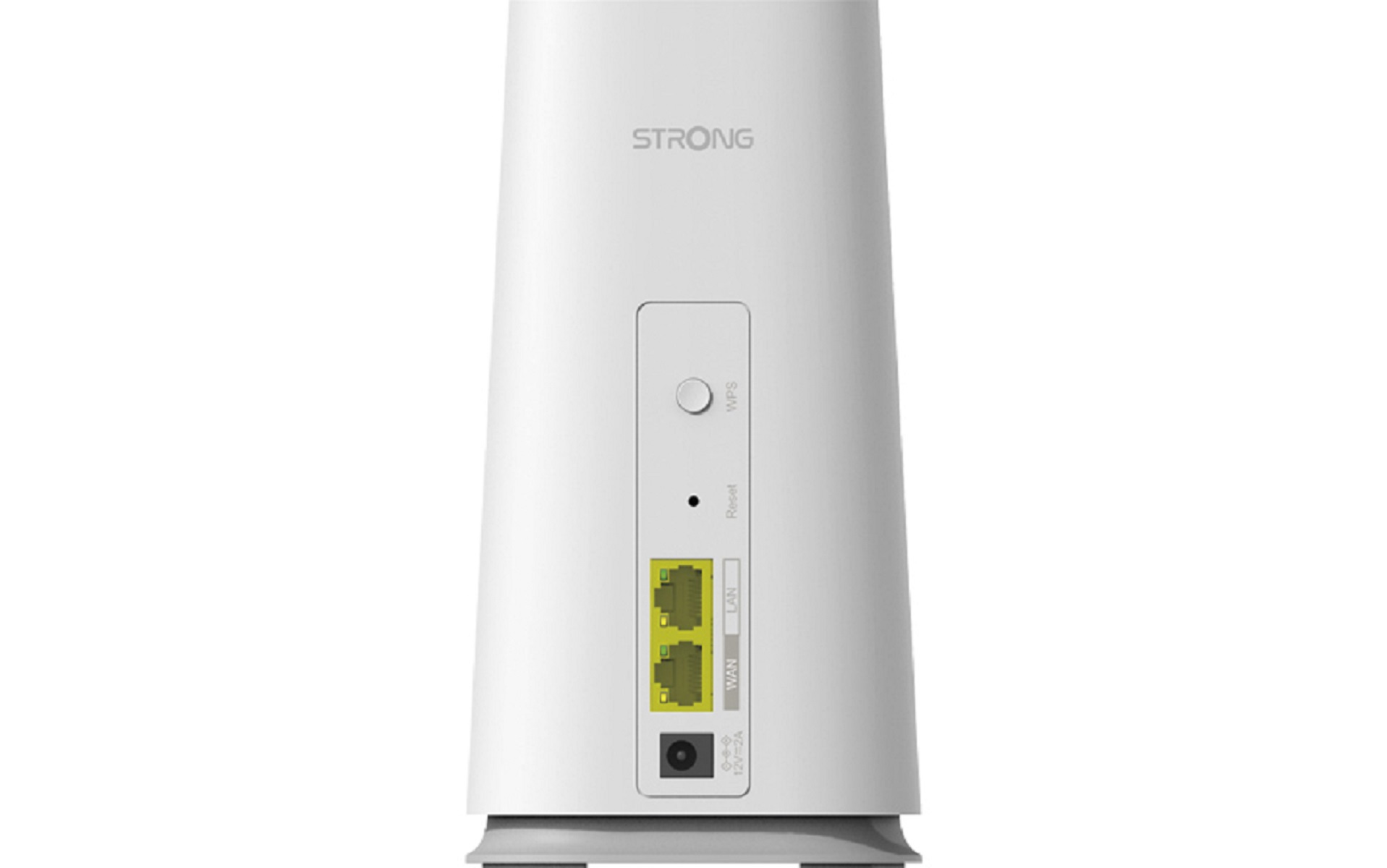Ein weißer Router mit Strom-, WPS- und Netzwerkanschlüssen und dem Markennamen STRONG.