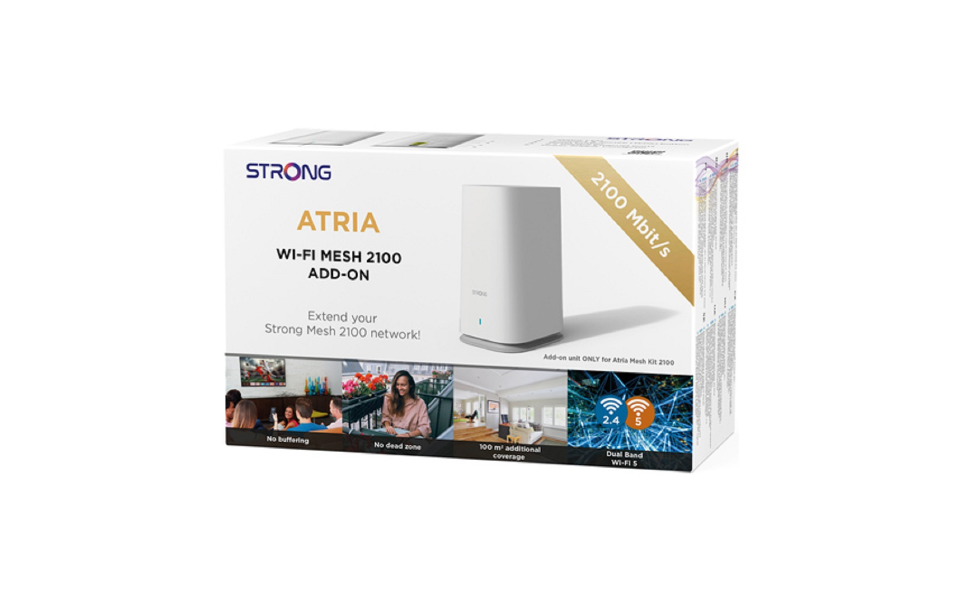 Eine weiße Box mit einem Mesh-Router. Die Box zeigt das Gerät, Funktionen und ein Diagramm.