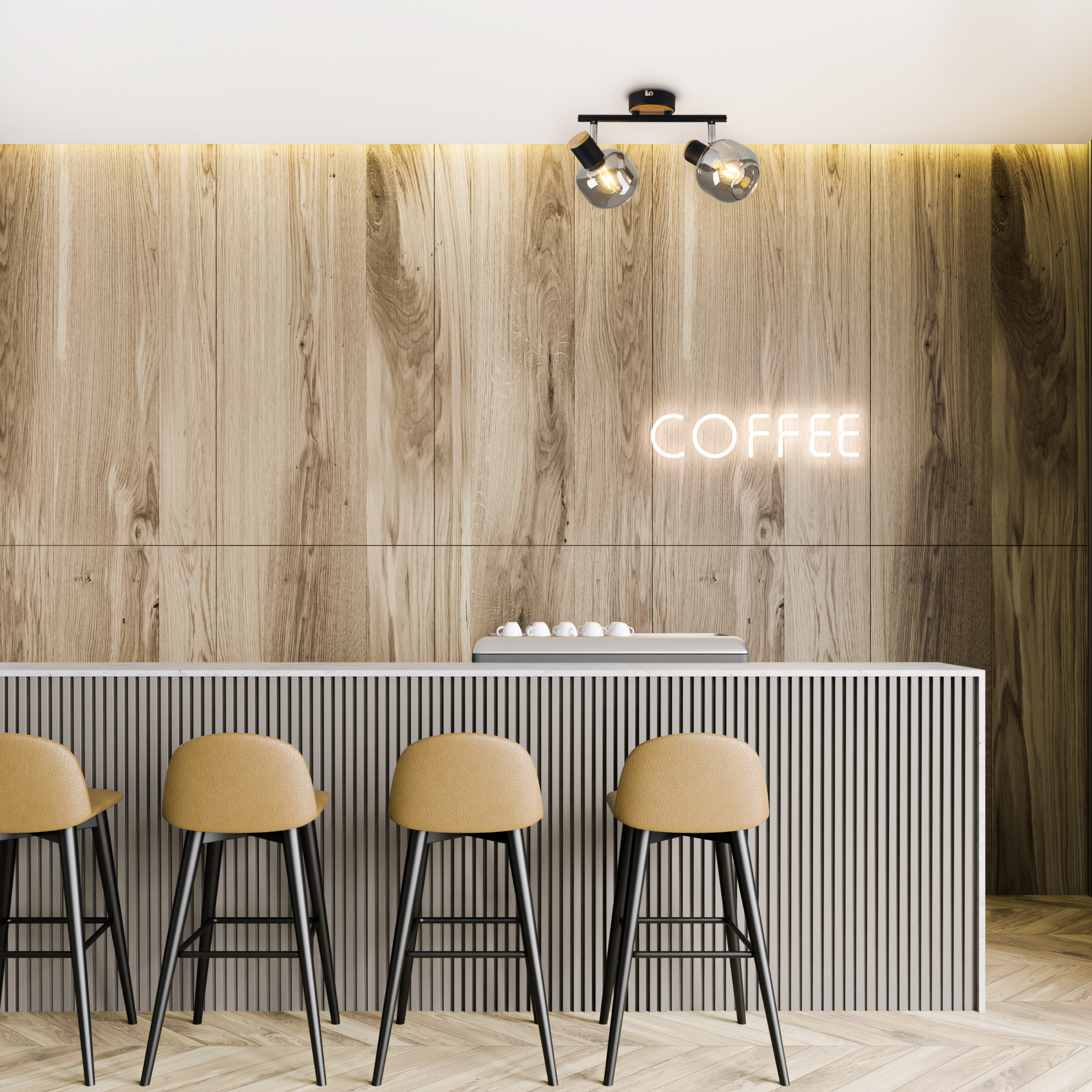 Café-Interieur mit Bar, Hockern und einem Neon-Schild mit der Aufschrift 'COFFEE'.