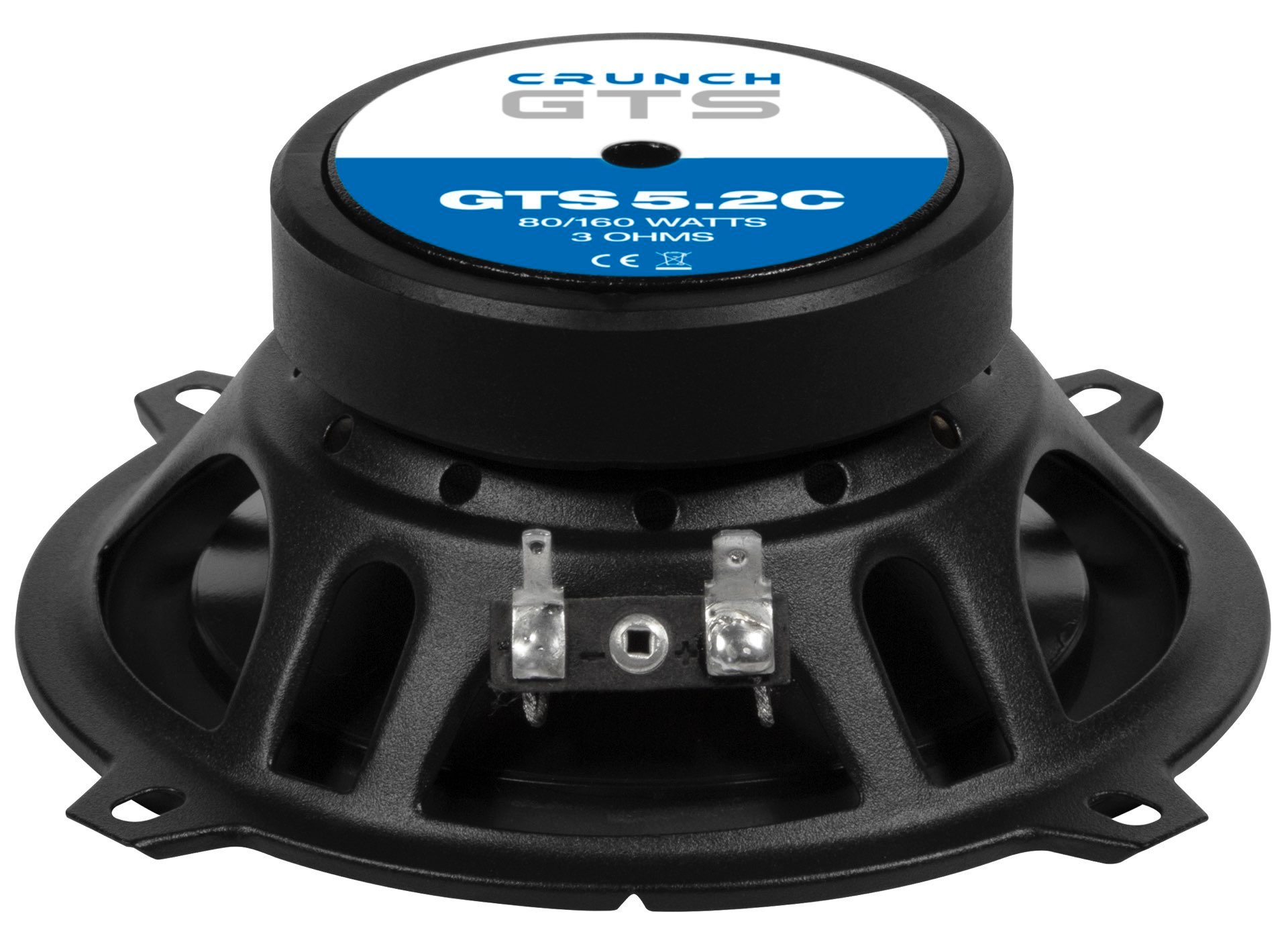 Ein Autolautsprecher mit blau-weißem Etikett. Auf dem Etikett steht "GTS 5.2C 80/160 Watt 3 OHMS" und "CRUNCH GTS".