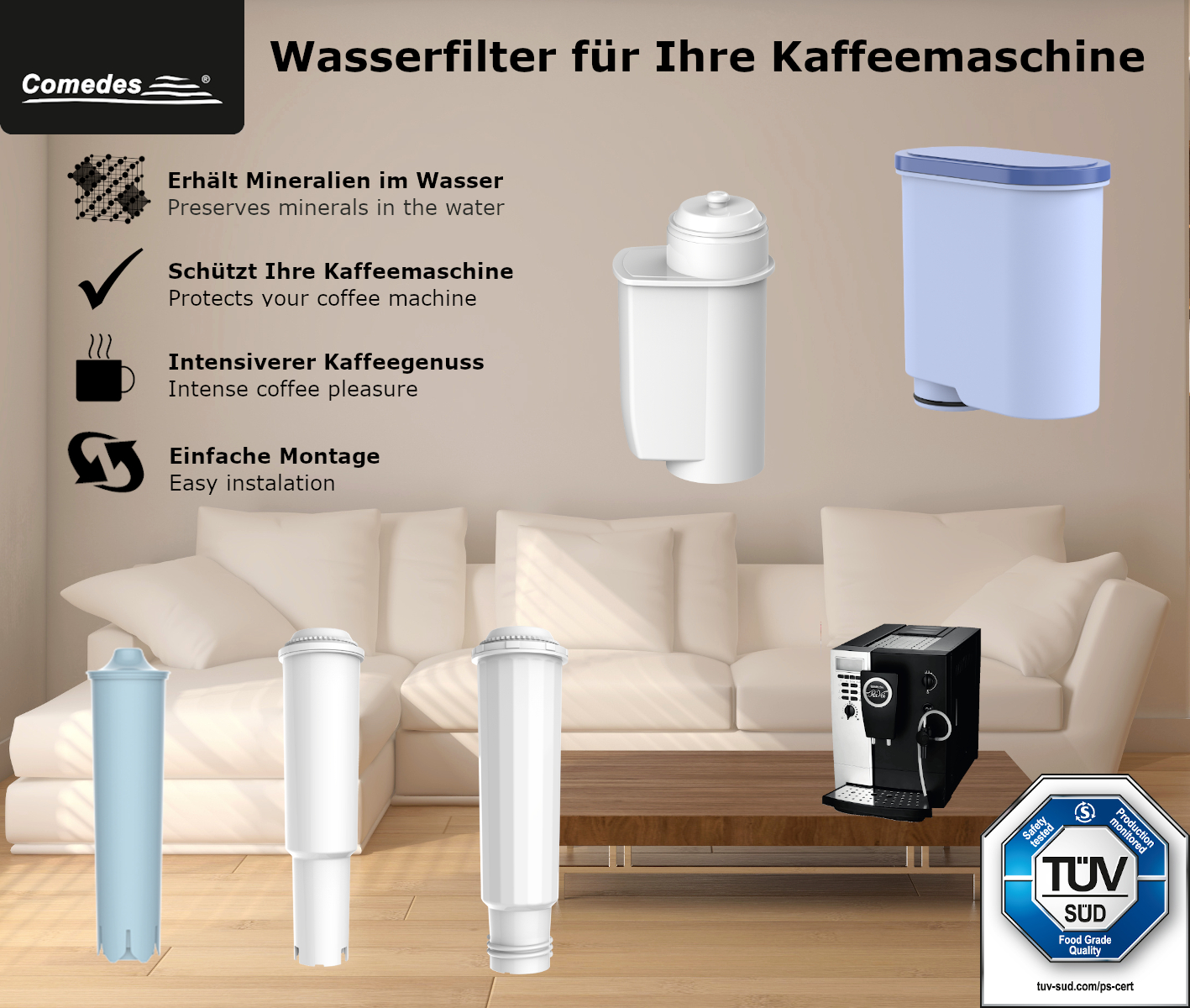 Kaffeemaschinen-Wasserfilter mit Text. Der Text beschreibt die Vorteile des Filters.