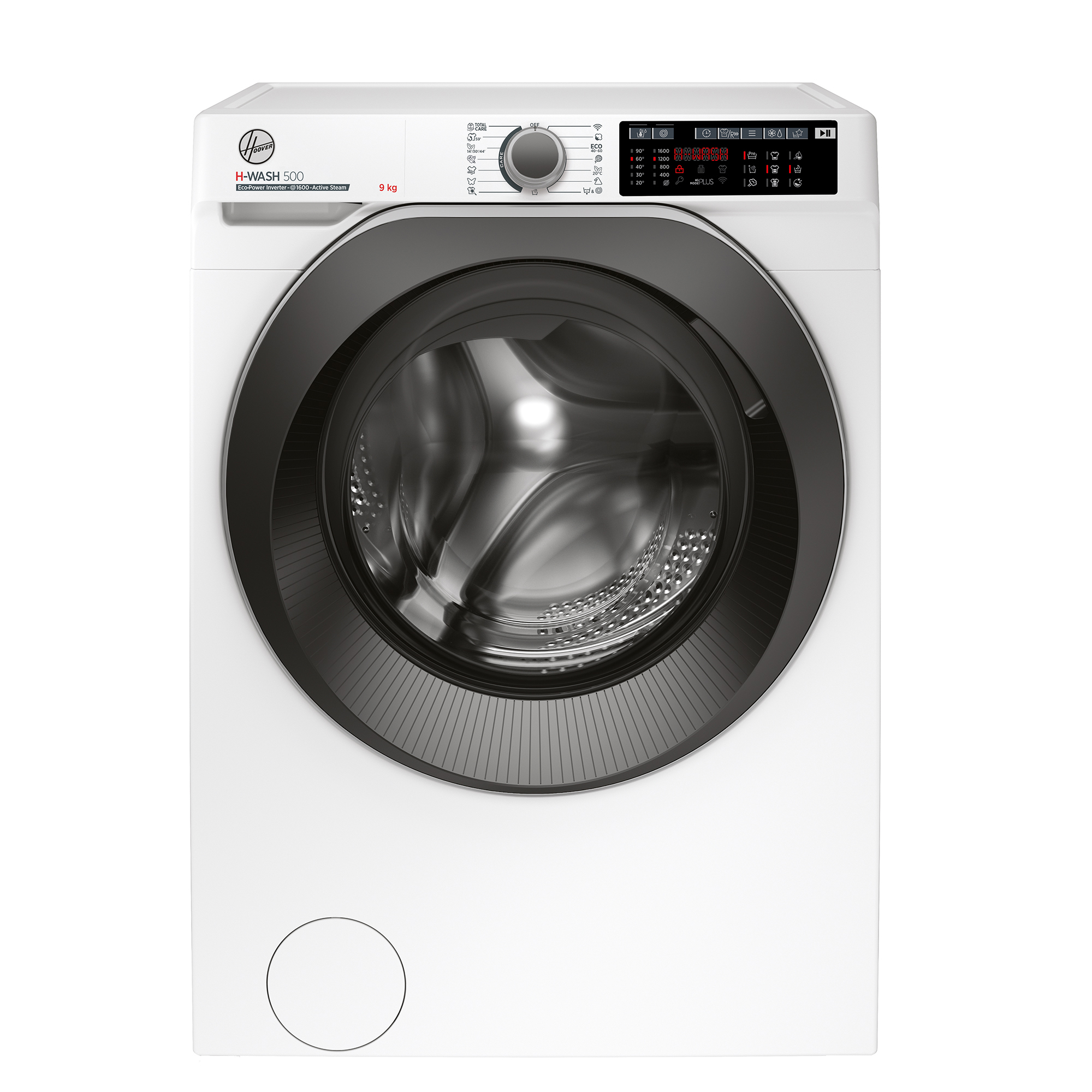 Weiße Waschmaschine mit Frontlader und schwarzem Türrahmen. Die Marke ist Hoover.
