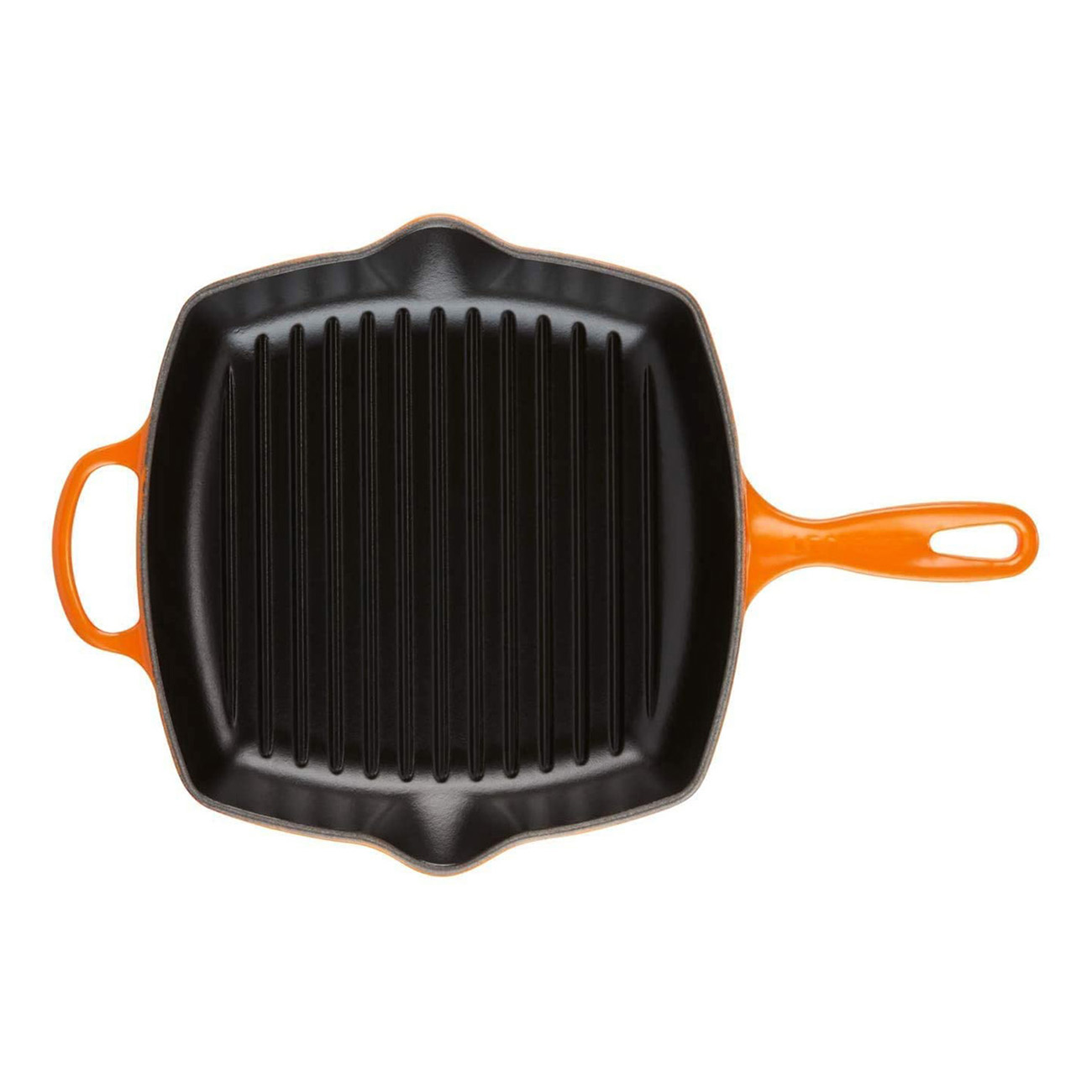 Draufsicht auf eine orangefarbene Grillpfanne aus Gusseisen mit schwarzen Grilllinien.