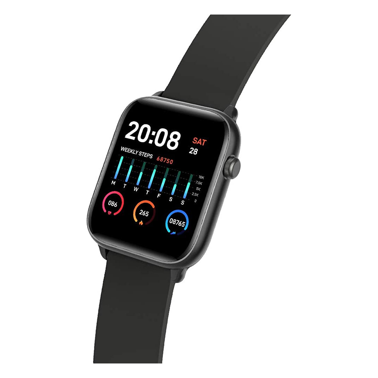 Smartwatch, der Zeit- und Aktivitätsdaten anzeigt. Die Uhr zeigt wöchentliche Schritte und das Datum.