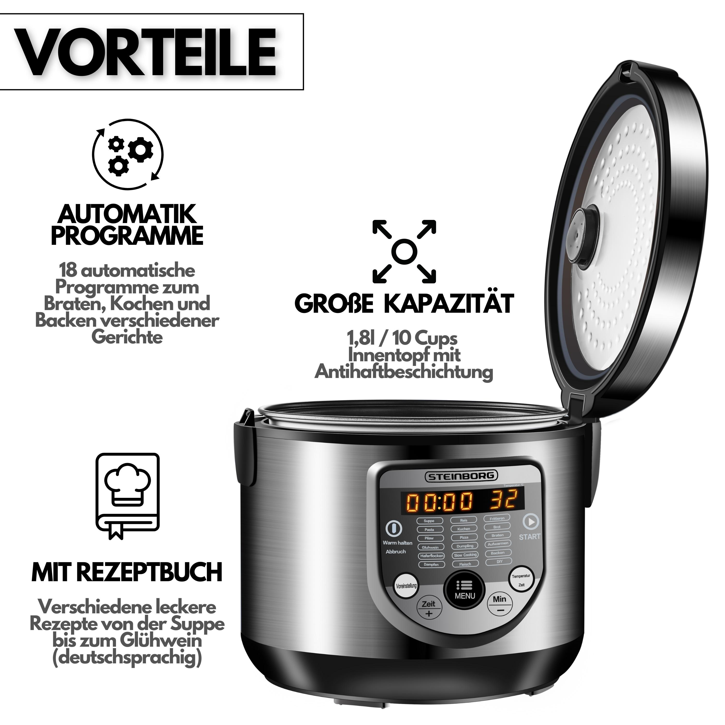Ein Reiskocher aus Edelstahl mit offenem Deckel, der den Innentopf und das Bedienfeld zeigt. Text zeigt Funktionen.