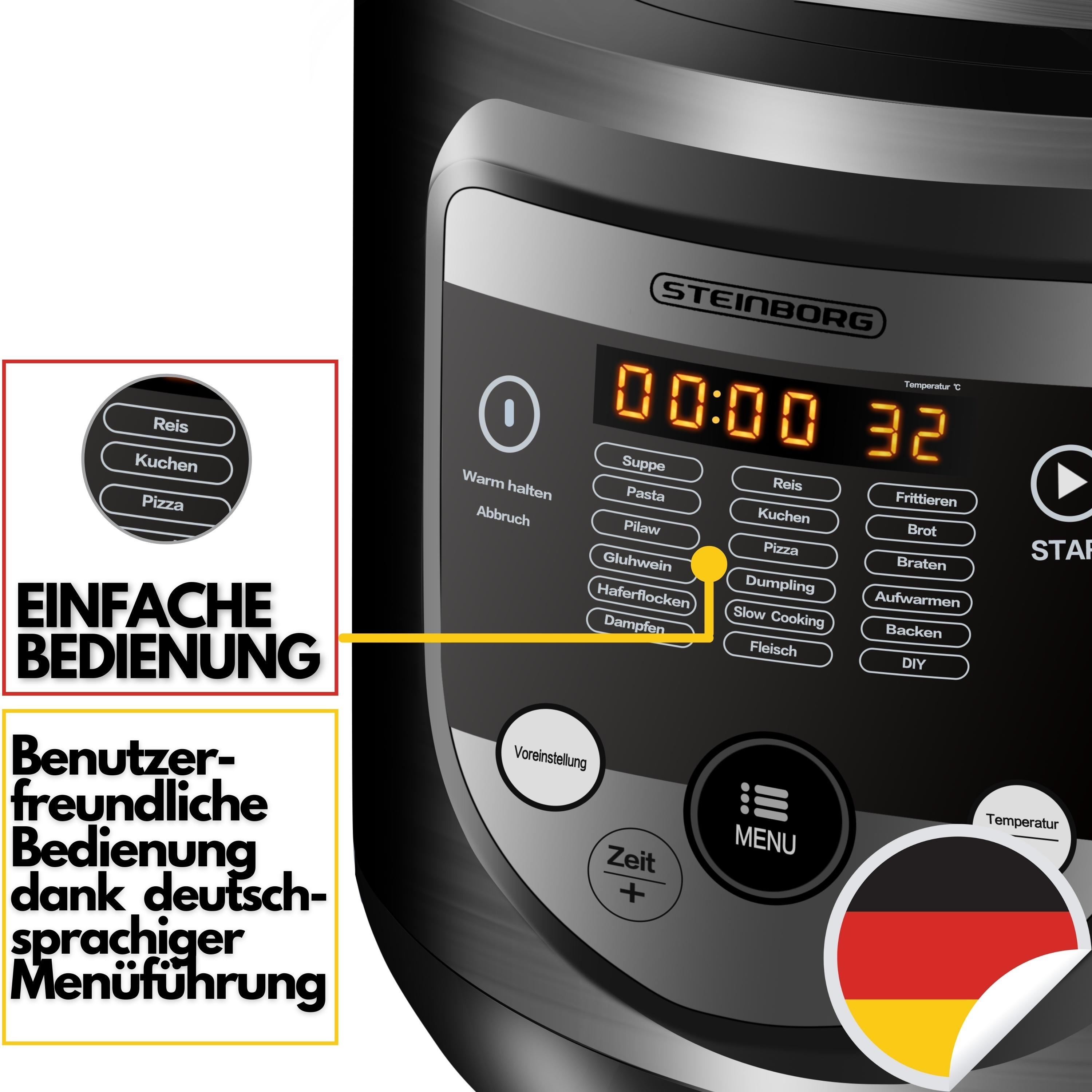 Nahaufnahme eines Multifunktionskochers mit Digitalanzeige und Tasten mit deutschem Text.