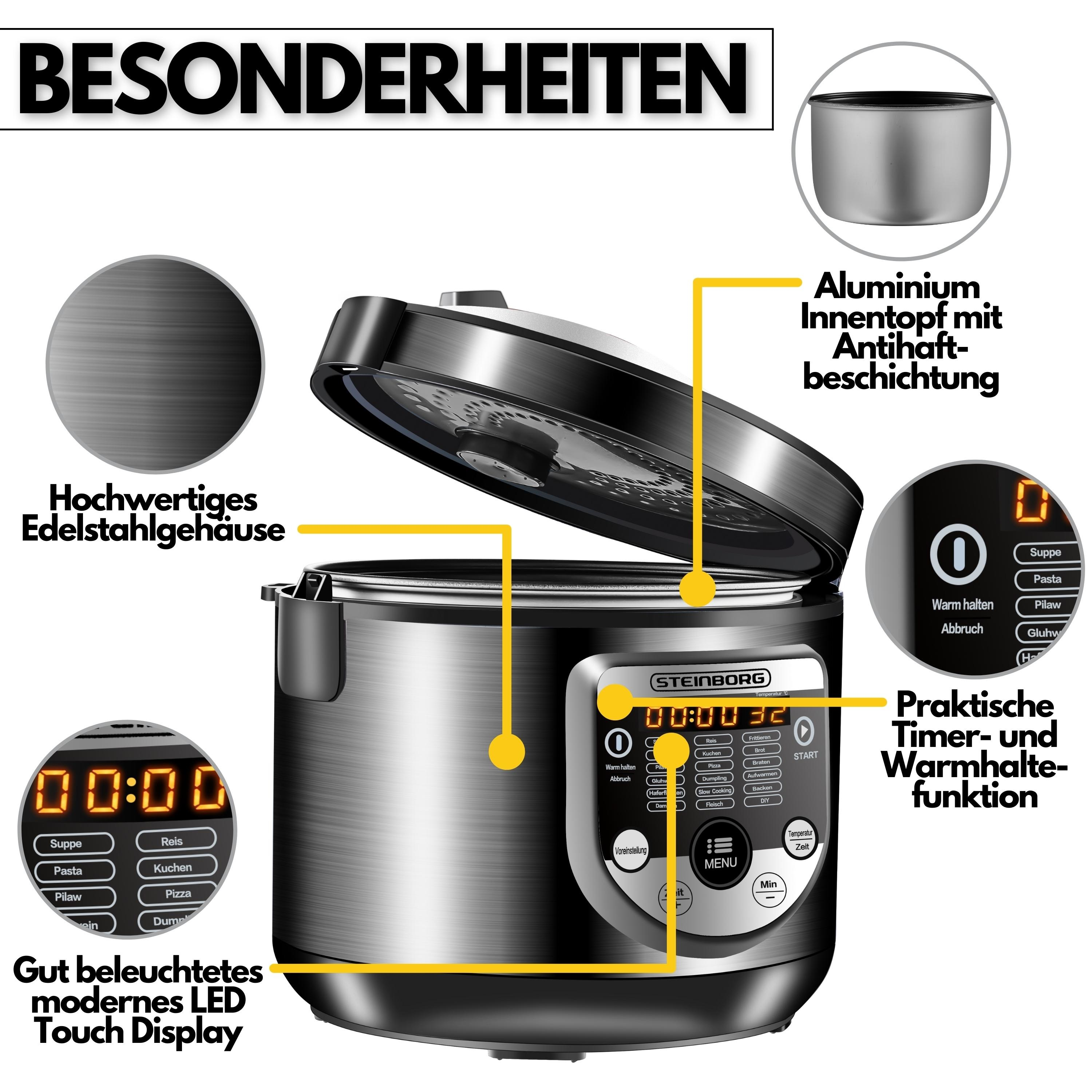 Schwarz-silberner Schnellkochtopf mit Digitalanzeige und hervorgehobenen Funktionen.