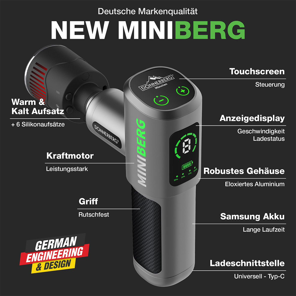 MARKTNEUHEIT Massagepistole Aufsatz Samsung Mini DONNERBERG , Akku Wärme/Kälte Massagepistole Gun mit Miniberg
