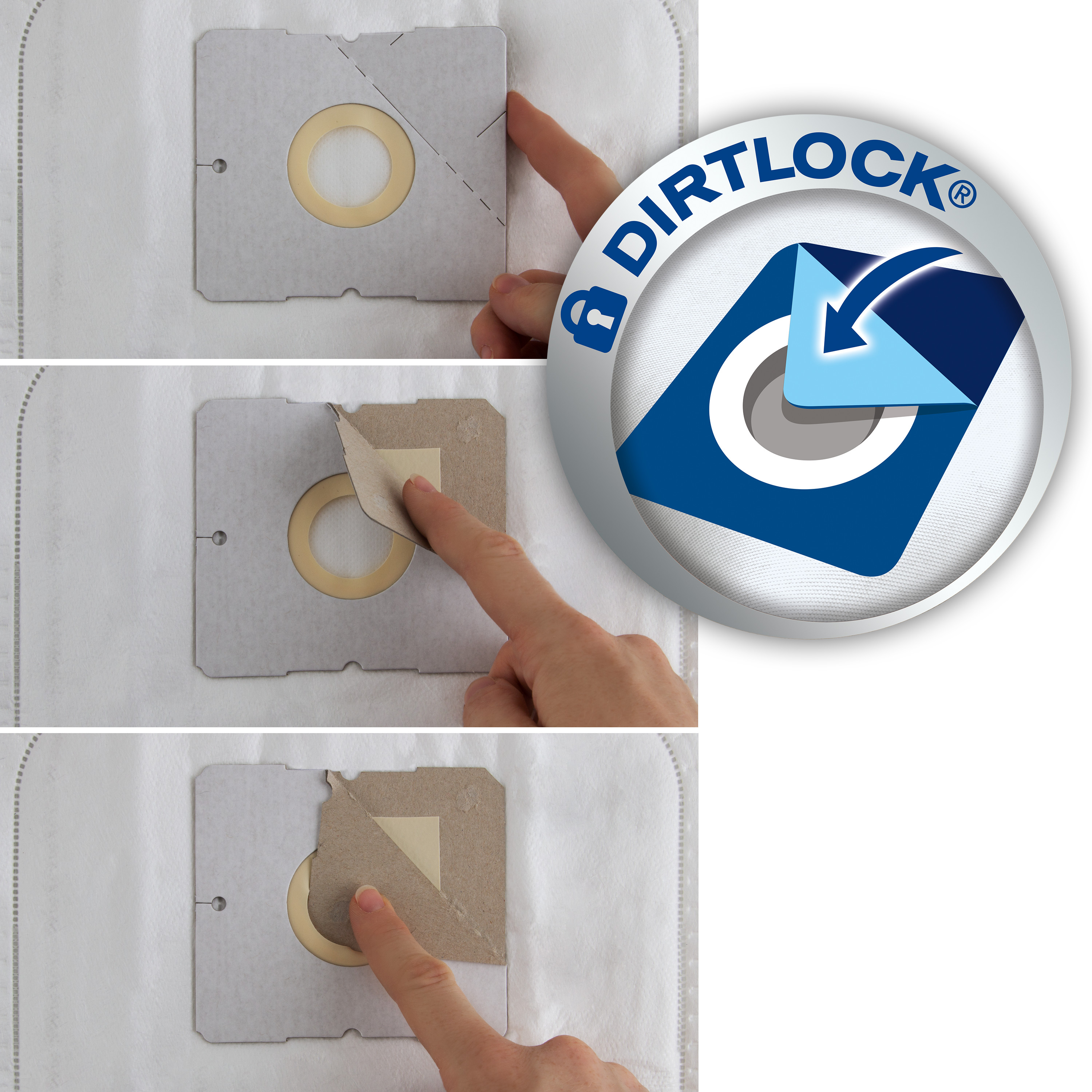 Sequenz, die zeigt, wie man einen Vakuumbeutel versiegelt. Eine Hand faltet, schält und verschließt den Beutel. Das Dirtlock-Logo ist sichtbar.