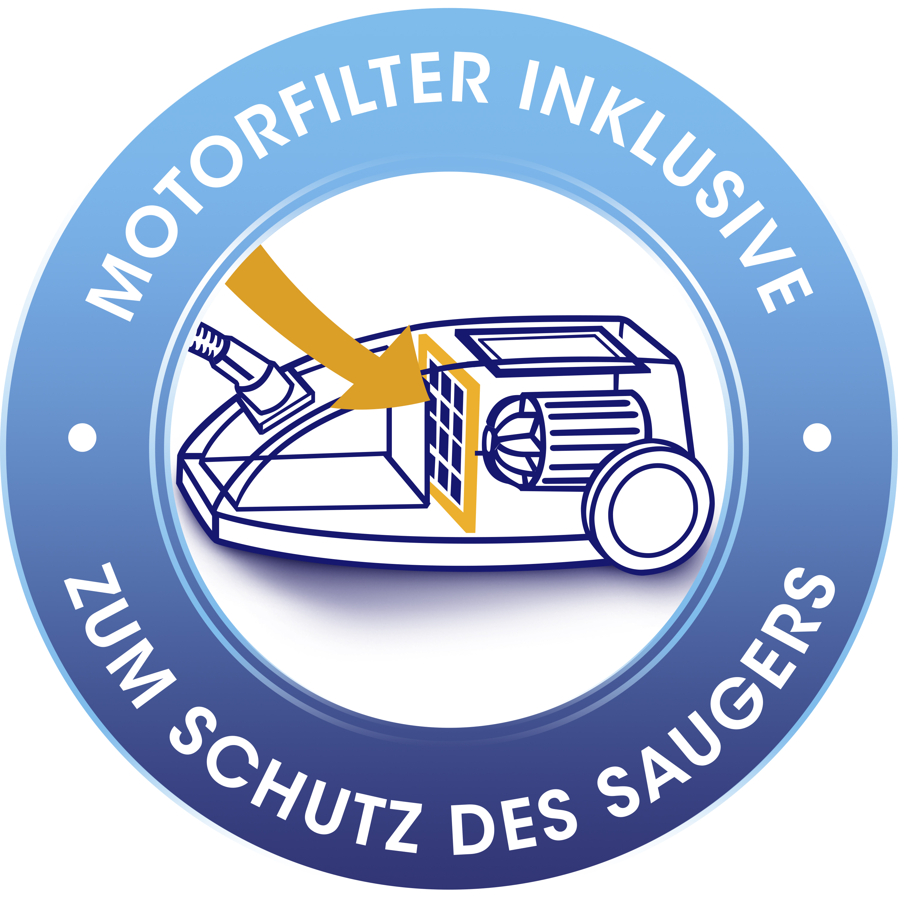 Blau-weißes Logo mit Text und einer Staubsauger-Illustration.