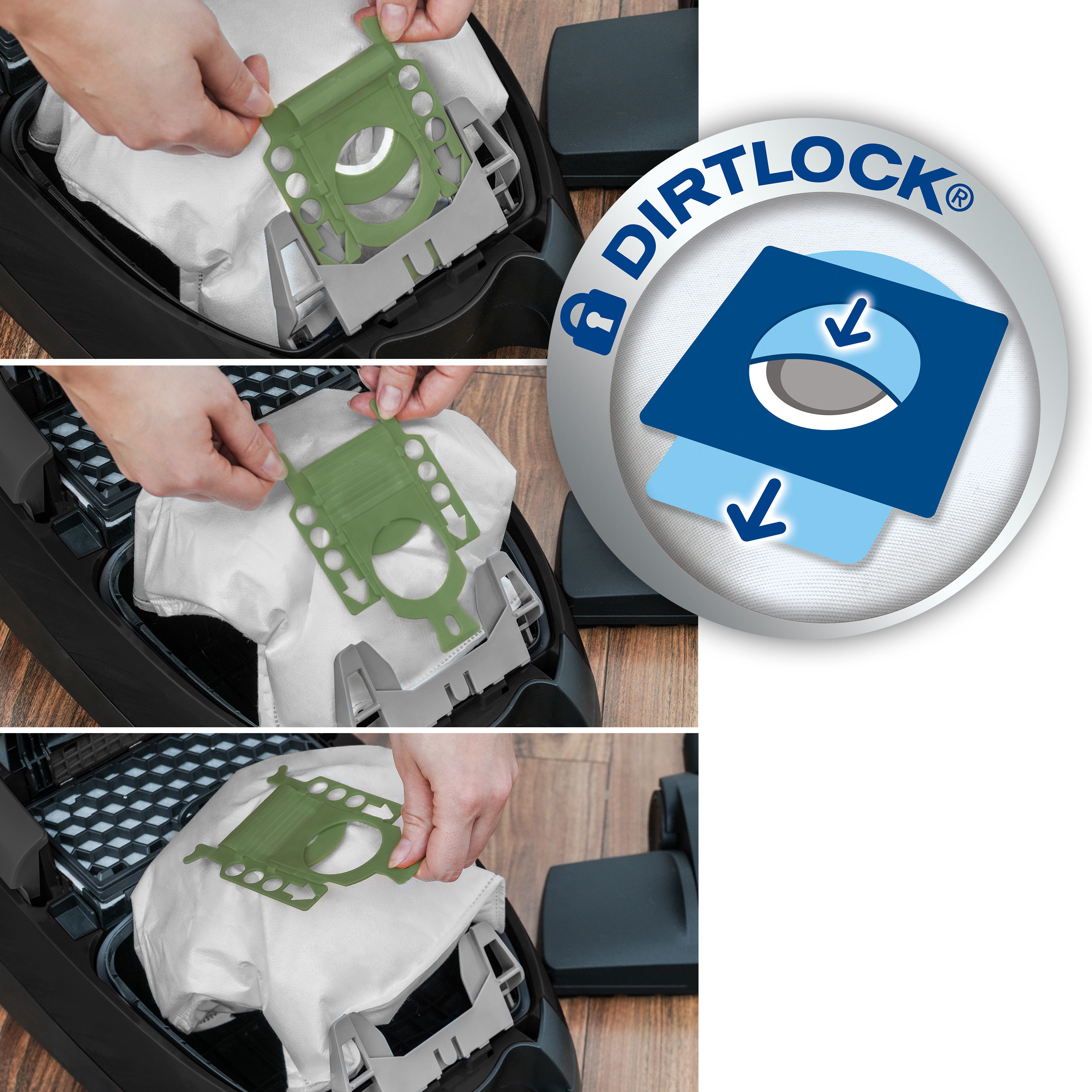 Drei Bilder, die die Schritte zum Wechseln eines Staubsaugerbeutels mit einem Dirtlock-Etikett zeigen.