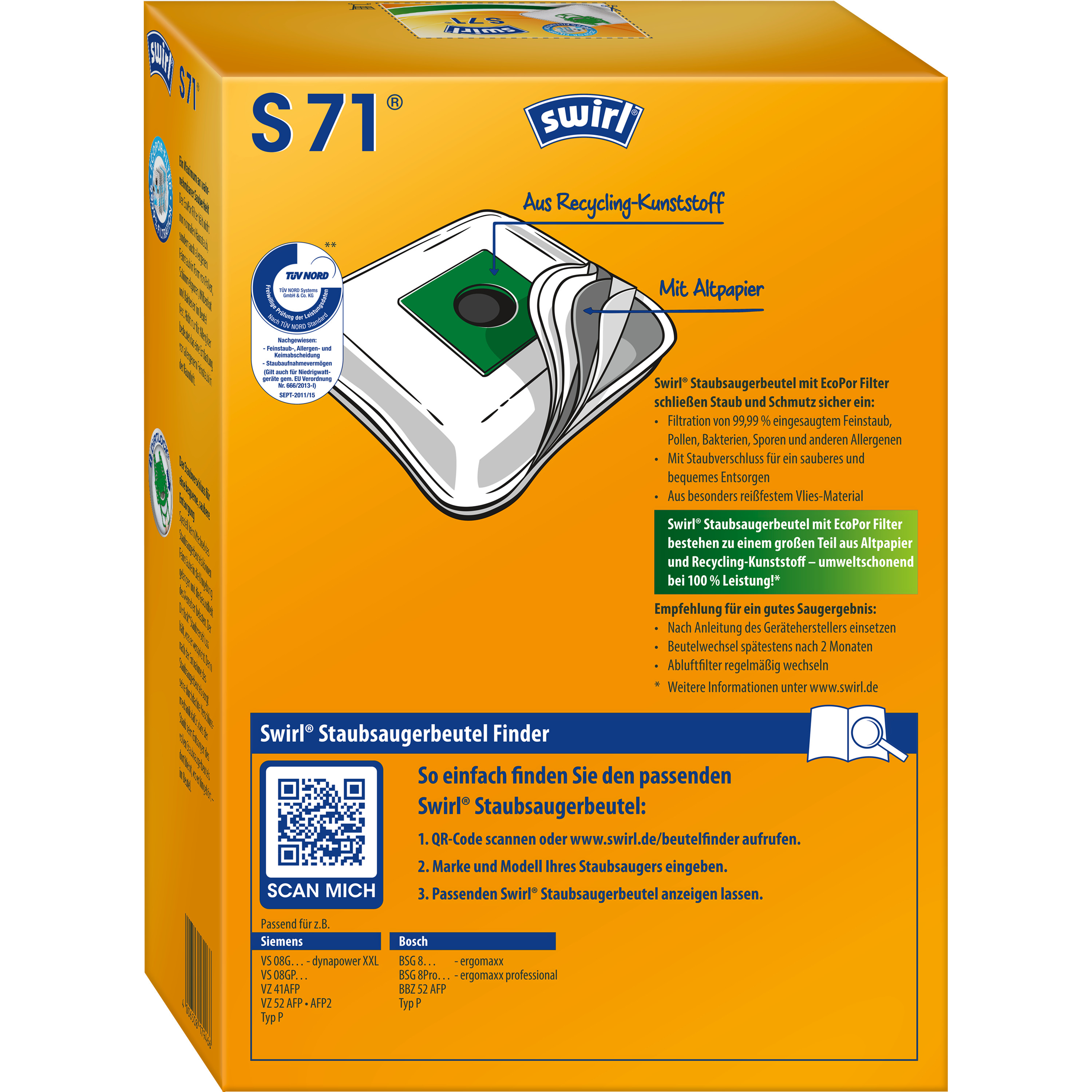Staubsaugerbeutelbox mit Text und QR-Code. Es ist in einer Schachtel.