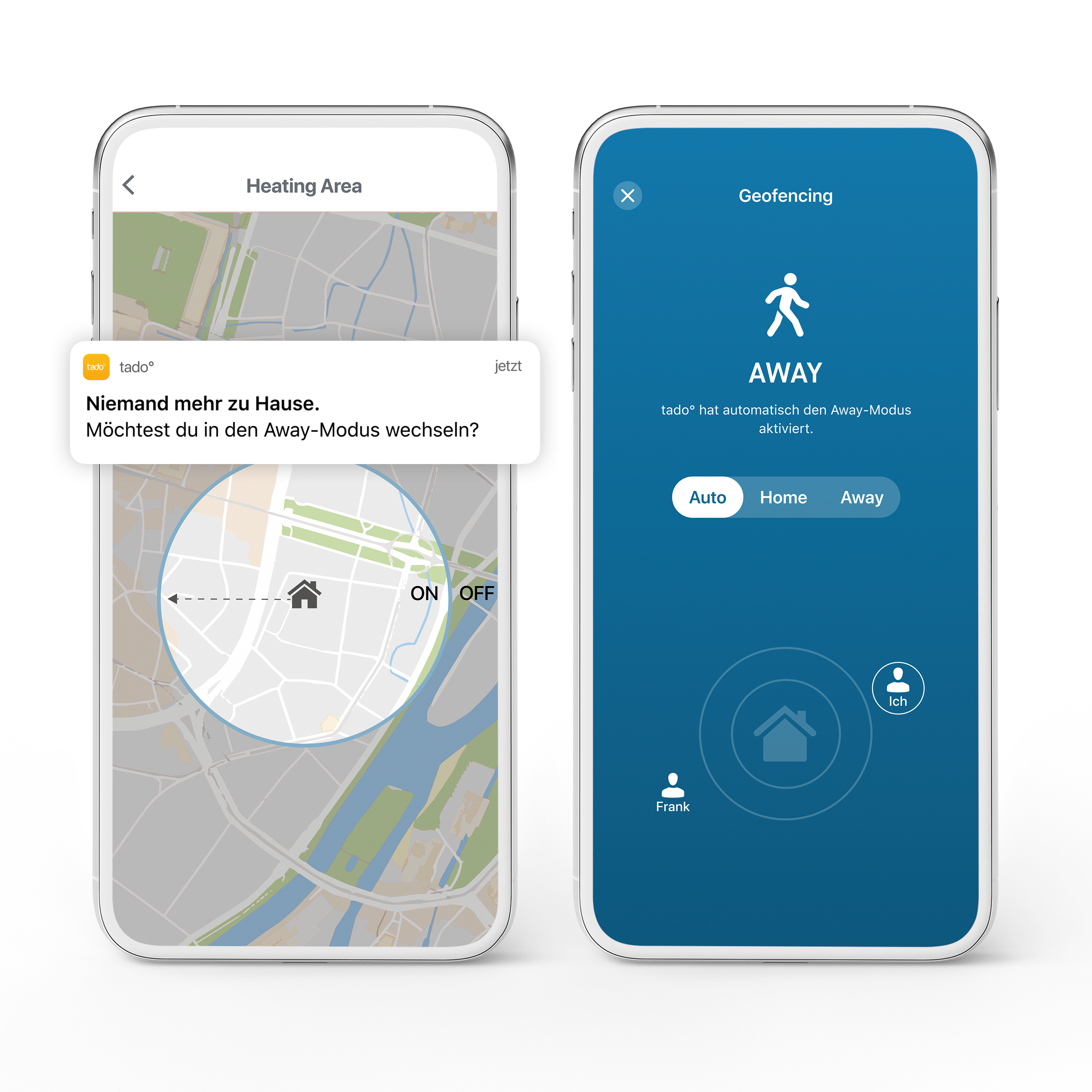 Zwei Smartphones zeigen Smart-Home-App-Oberflächen, mit Karte und Einstellungen.